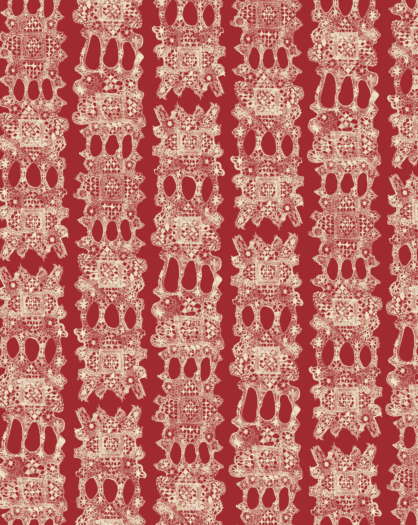Nonna's Lace Wallpaper in Pomodoro features vertical rows of intricate, lace-like cream patterns evenly repeated on a red background.