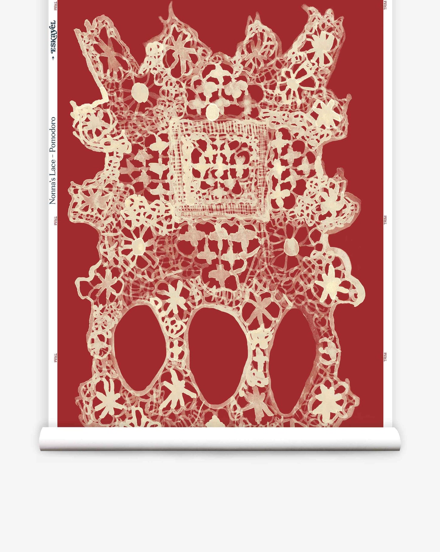 Nonna’s Lace wallpaper in Pomodoro offers warm reds. As a non-repeating pattern, it can be installed as a mural.