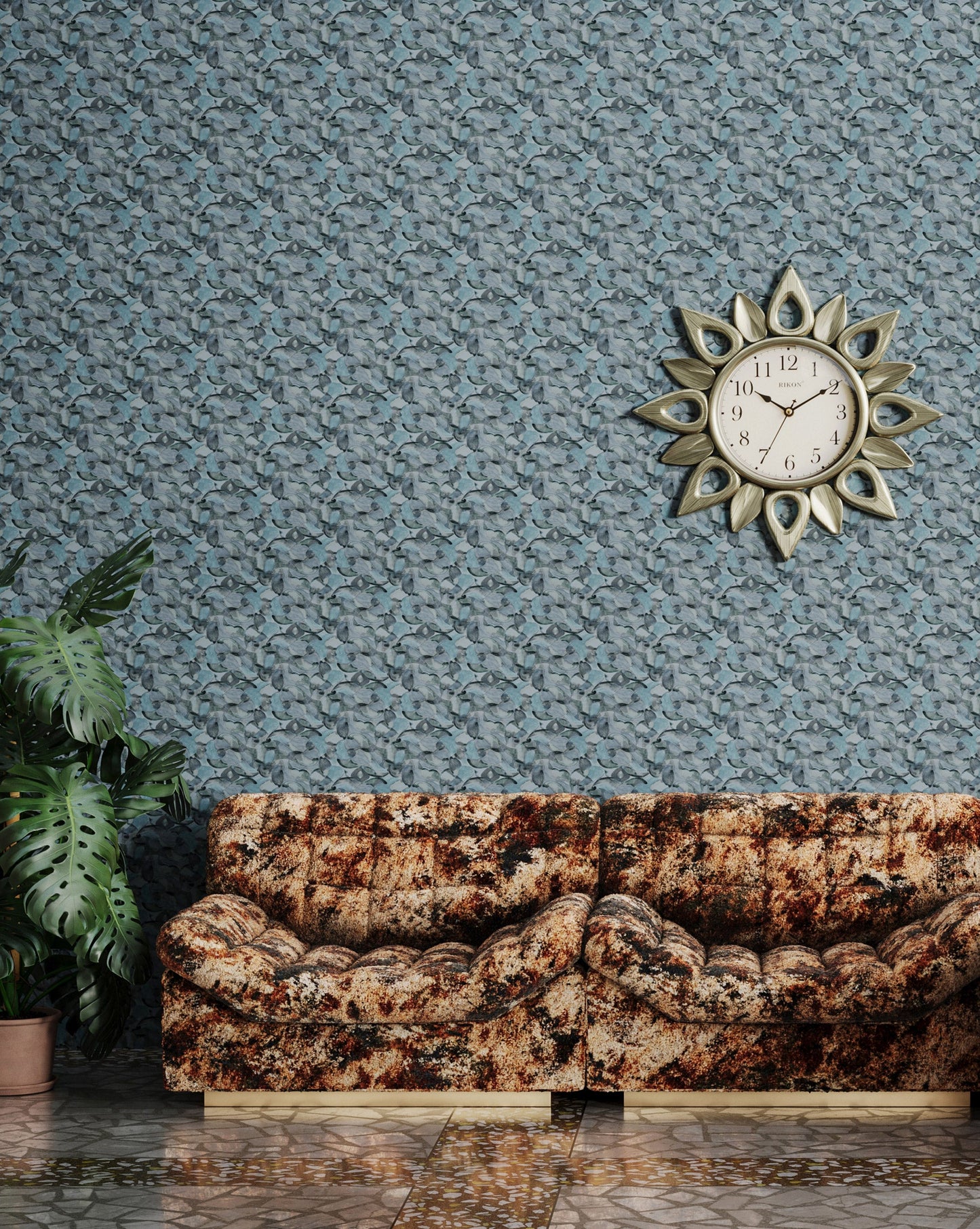 Eskayel's Orbs blue hued wallpaper in Lapis installed in a living room.