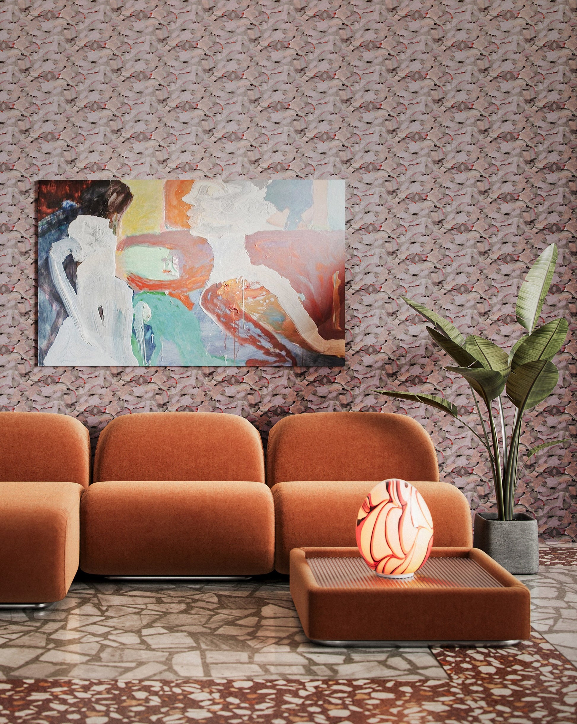 Eskayel's Orbs wallpaper in a multicolored mauve hue is installed in a living room.