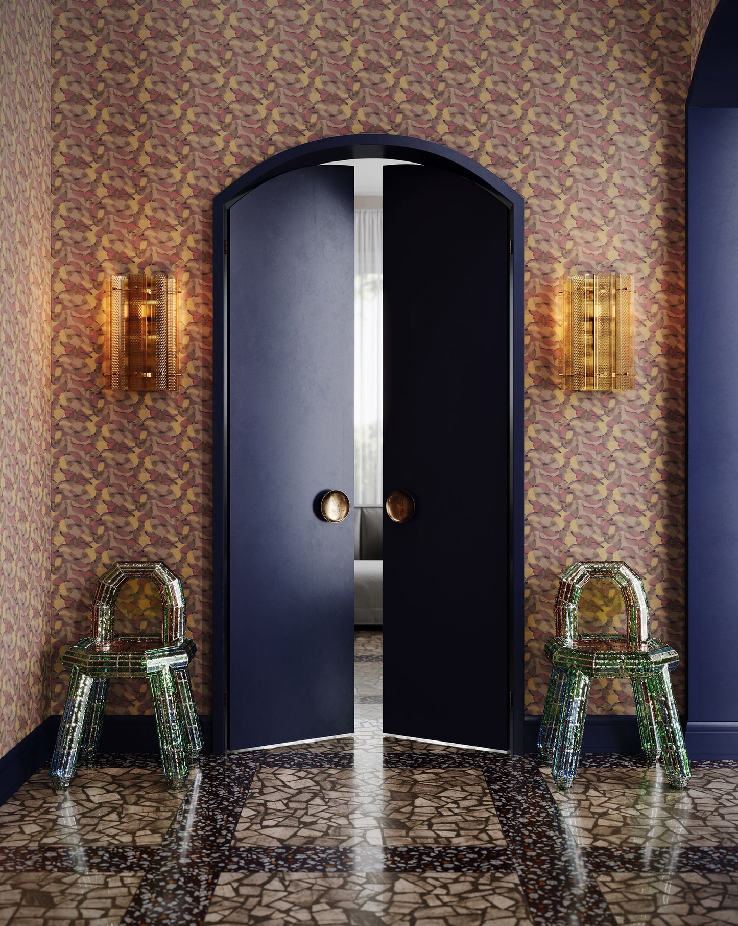 Eskayel's Orbs wallpaper in Rhubarb in a multicolored earthy hue installed in a hallway.