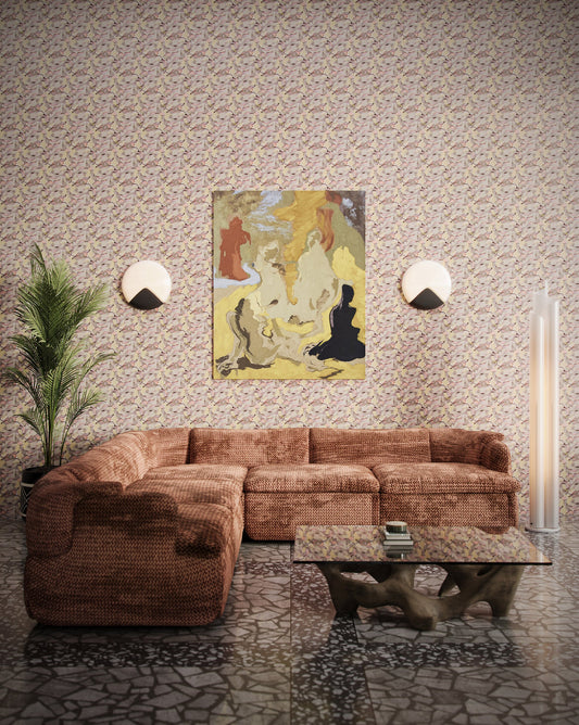 Eskayel's Orbs wallpaper in Sol depicts a multicolored pastel and neutral pattern installed in a living room.