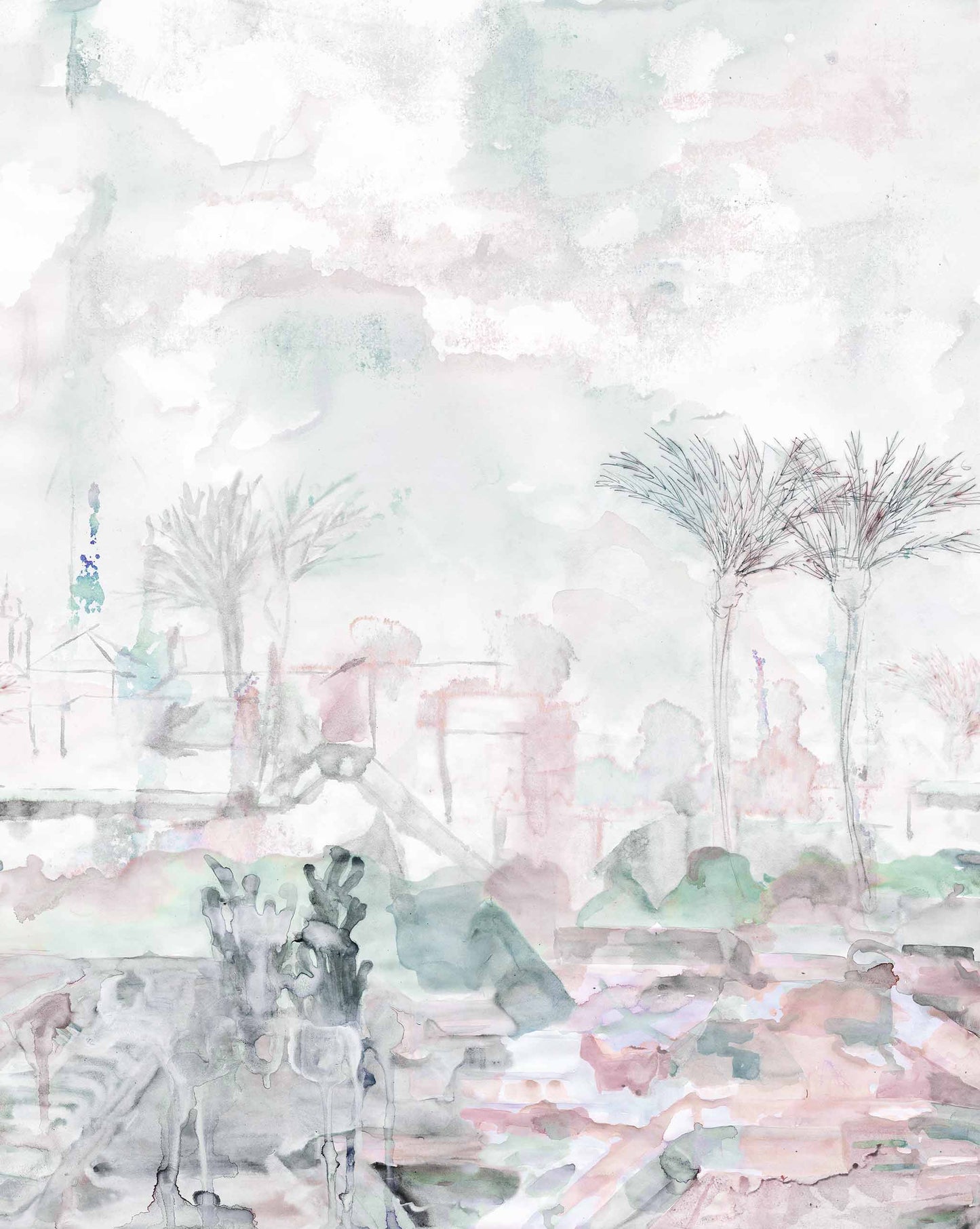 Palmeraie Wallpaper Mural depicting a serene, abstract landscape with soft, muted colors, showing trees and vague architectural forms reminiscent of a Marrakech cityscape.