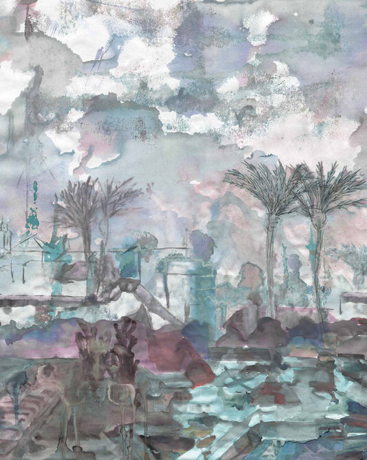 Abstract watercolor painting depicting a serene landscape with indistinct features, blending shades of blues, greys, and pinks in jewel tones, with vague tree silhouettes.<Product Name: Palmeraie Wallpaper Mural||Tesoro>