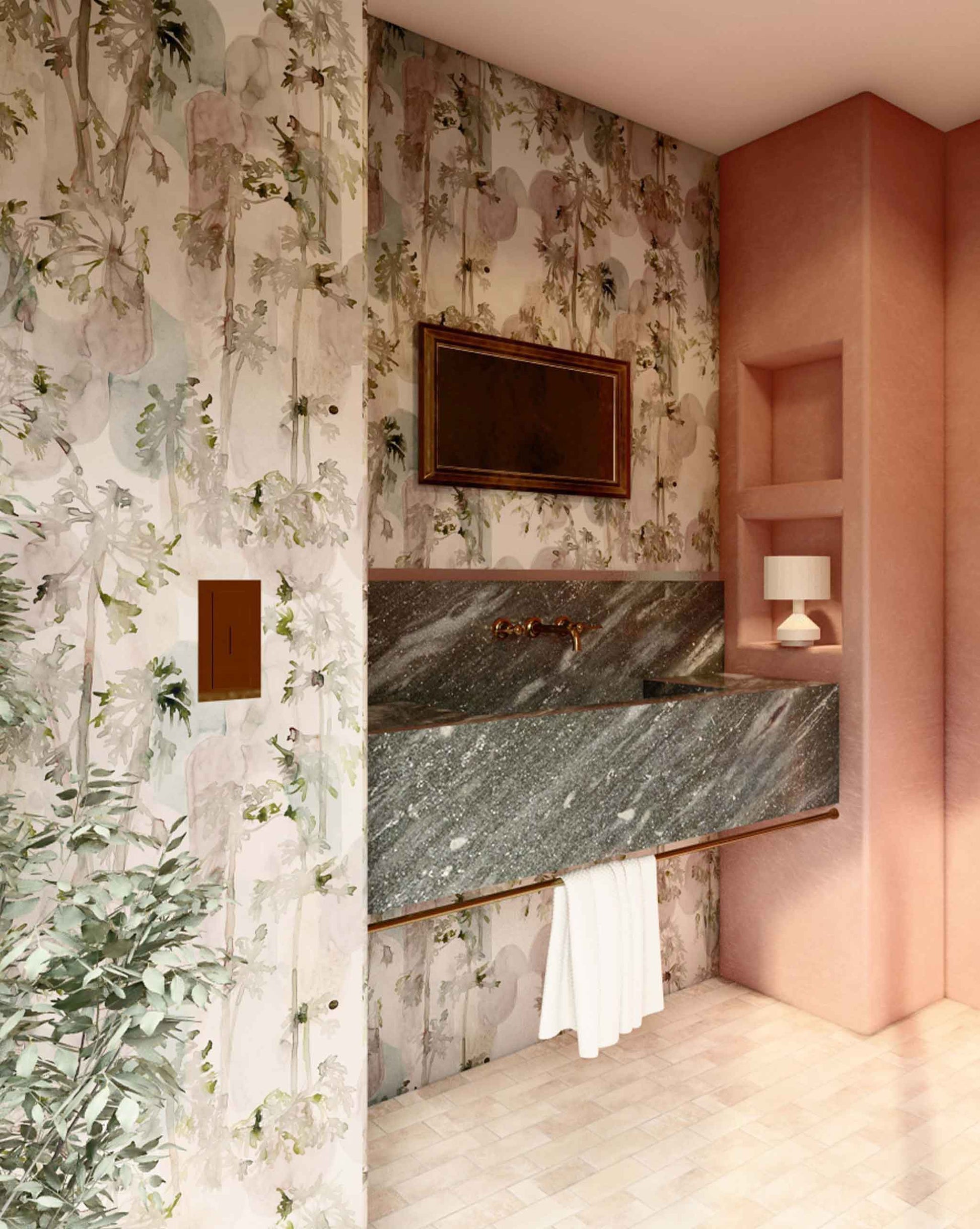 A pink bathroom with floral Papaya Arc Wallpaper Dusk and a sink