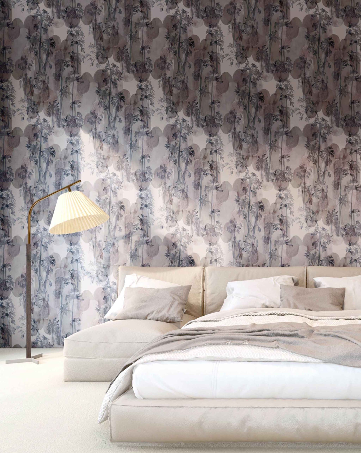 A bedroom with a Papaya Arc Wallpaper Pomegranate and a bedside lamp in the tropics