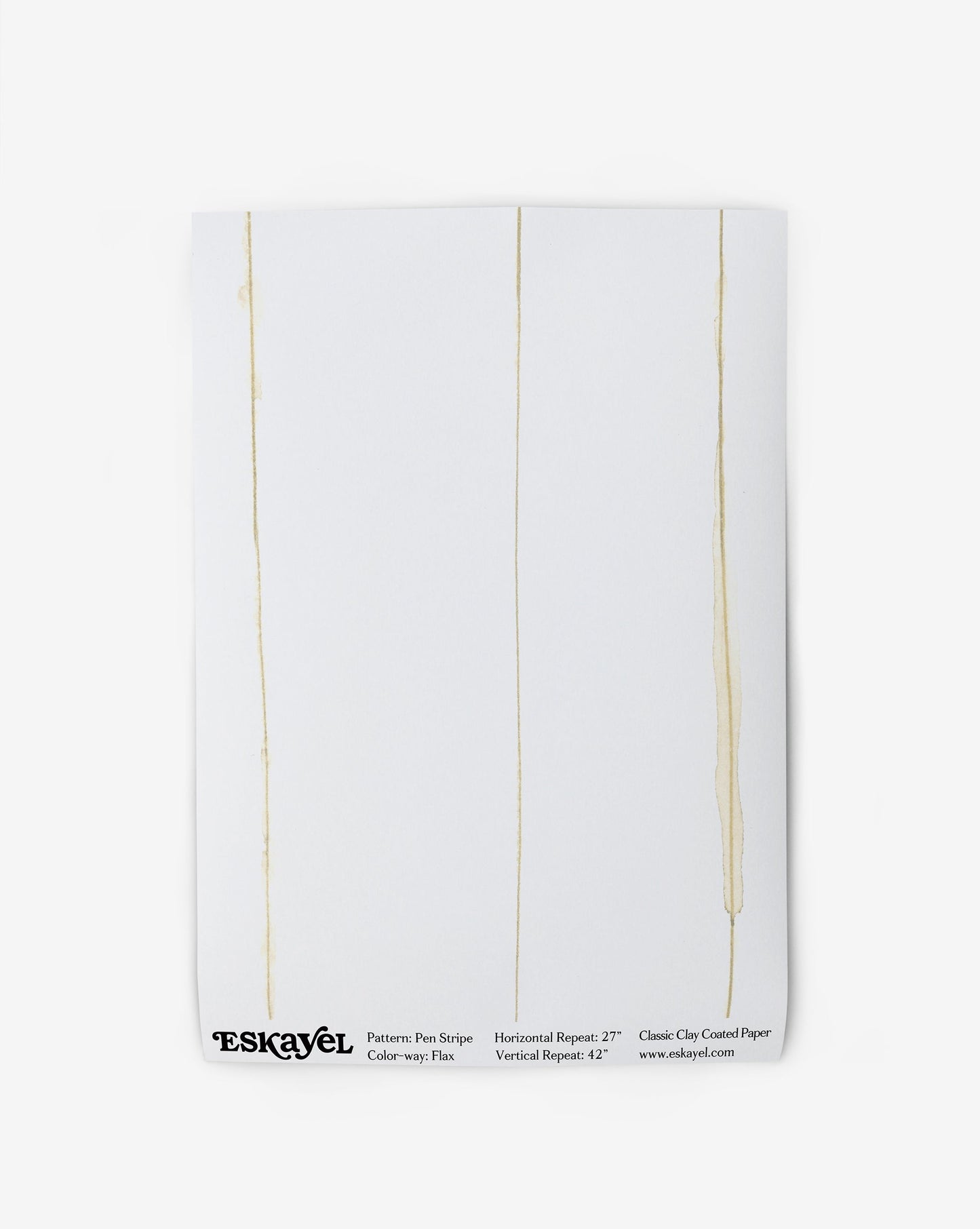 A white Pen Stripe Wallpaper Sample||Flax of gold lines on it.