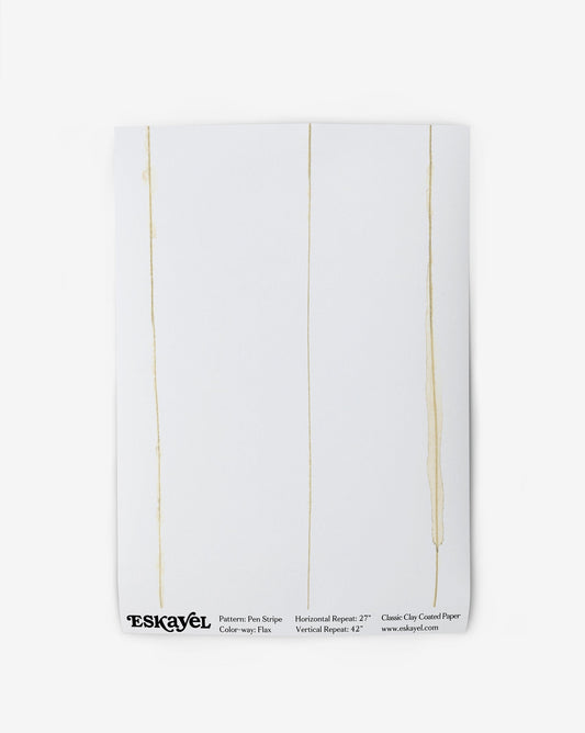 A white Pen Stripe Wallpaper Sample Flax of gold lines on it