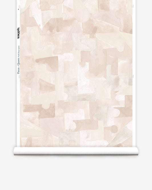 In Pieces wallpaper in Quartz, beige and pink blocks of pigment depict puzzle pieces.