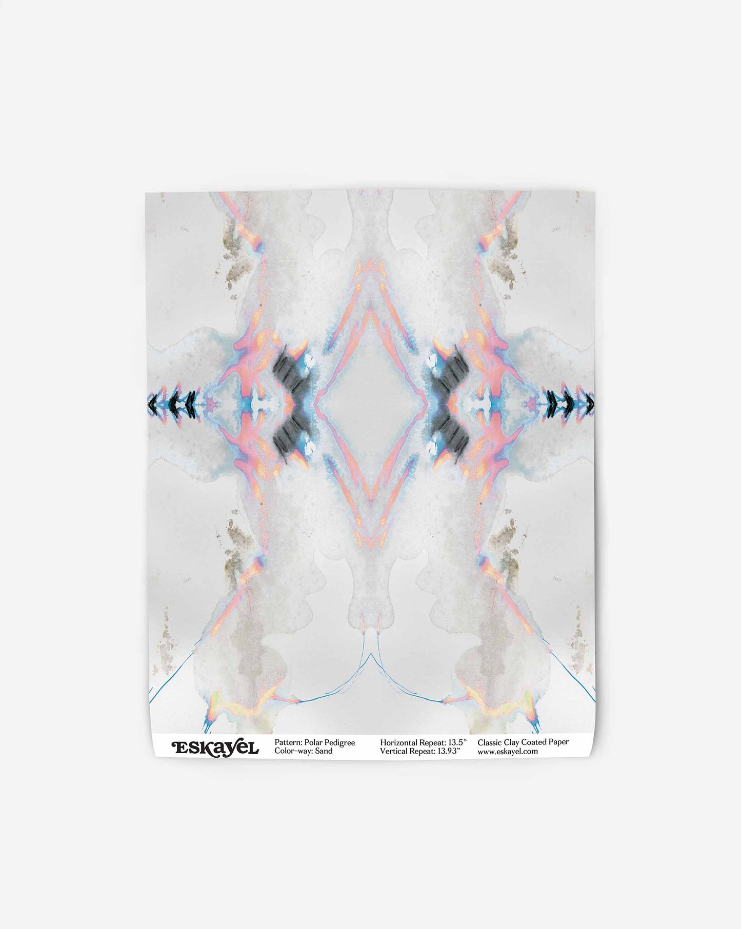A mirrored abstract design with pastel and blue hues on a vertical sheet of paper, perfect for modern interior schemes. The text at the bottom includes pattern description and paper details from ESKAYEL, offering an elegant graphic pattern for custom wallpaper applications: Polar Pedigree Wallpaper||Sand.
