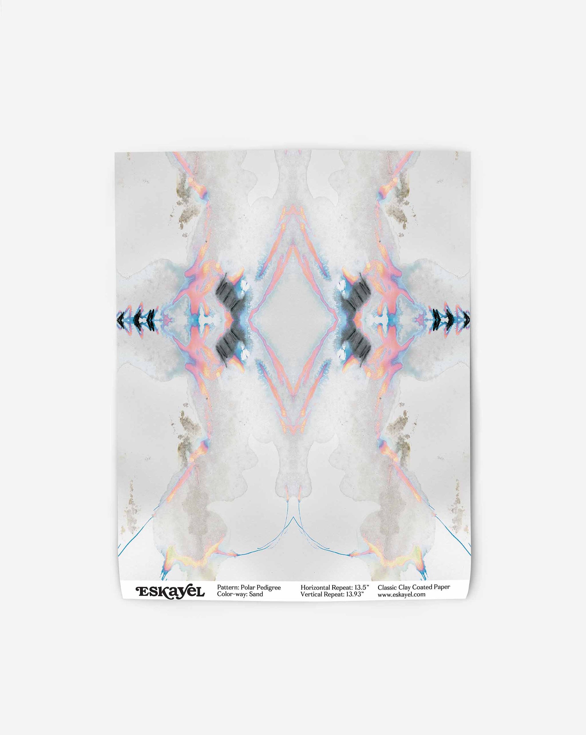 A mirrored abstract design with pastel and blue hues on a vertical sheet of paper, perfect for modern interior schemes. The text at the bottom includes pattern description and paper details from ESKAYEL, offering an elegant graphic pattern for custom wallpaper applications: Polar Pedigree Wallpaper||Sand.