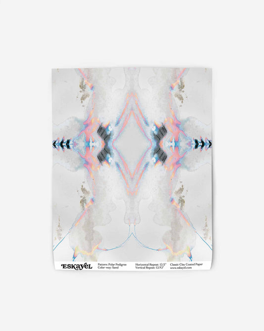 A mirrored abstract design with pastel and blue hues on a vertical sheet of paper, perfect for modern interior schemes. The text at the bottom includes pattern description and paper details from ESKAYEL, offering an elegant graphic pattern for custom wallpaper applications: Polar Pedigree Wallpaper||Sand.
