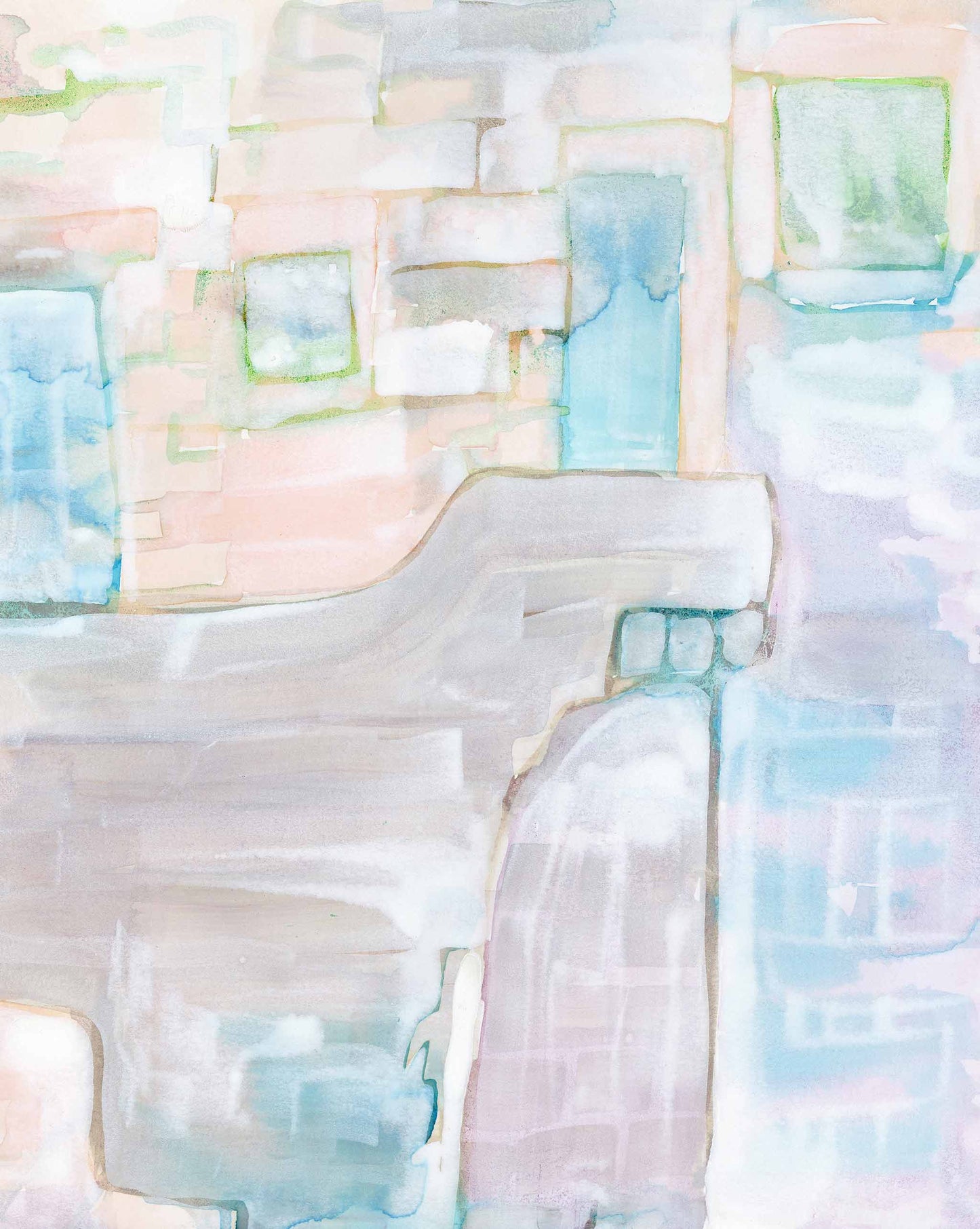 Portico Wallpaper Mural with minimalist design and soft pastel colors, featuring a grid-like pattern with blended edges, primarily in shades of pink, blue, and green.