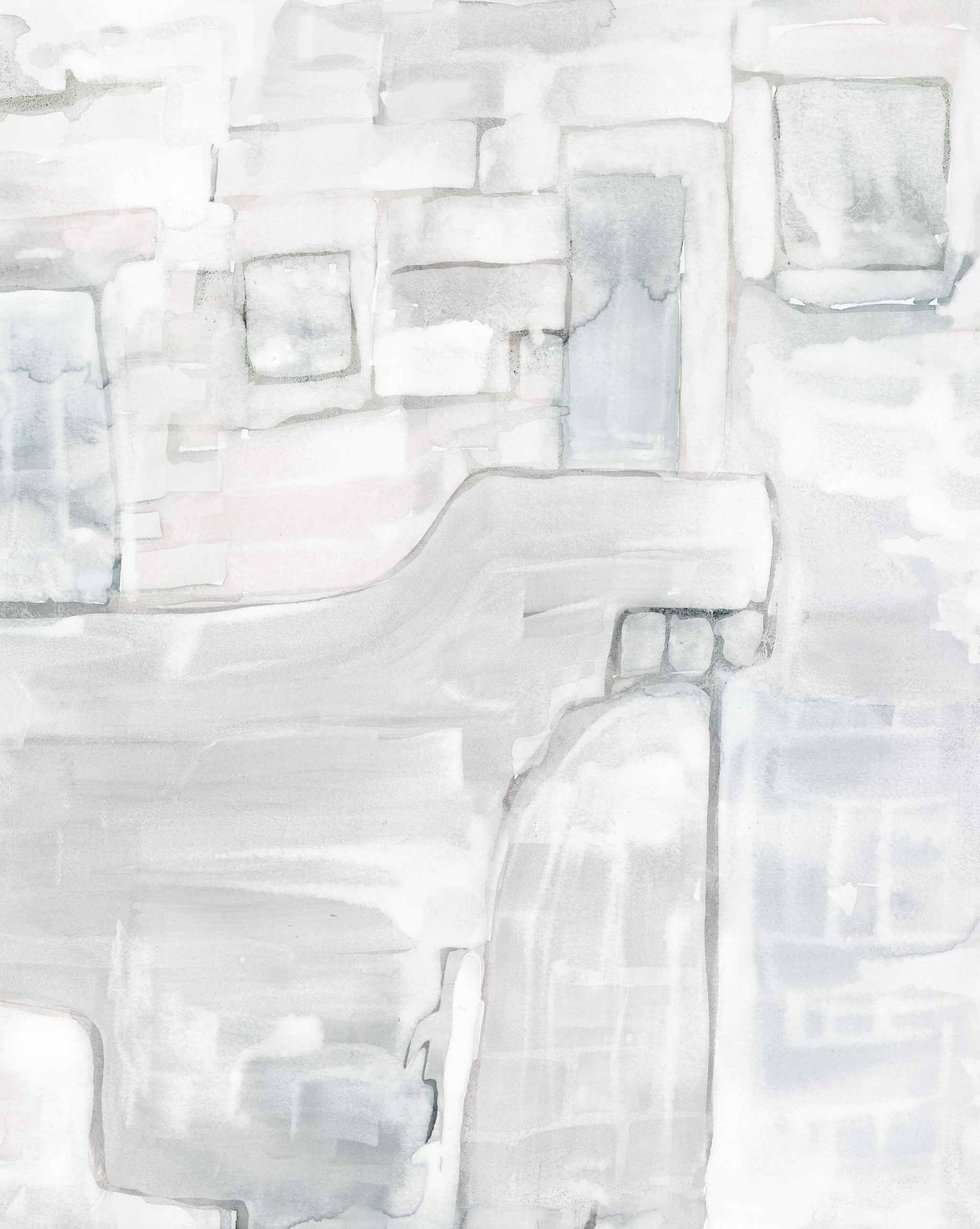 Abstract Portico Wallpaper Mural with a minimalist design, featuring a composition resembling architectural forms and blocks in various shades of gray and subtle pink.