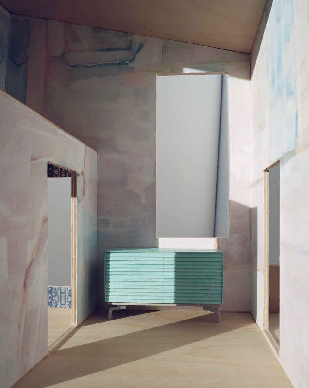 A room with a Portico Wallpaper Mural Color wall and a blue dresser