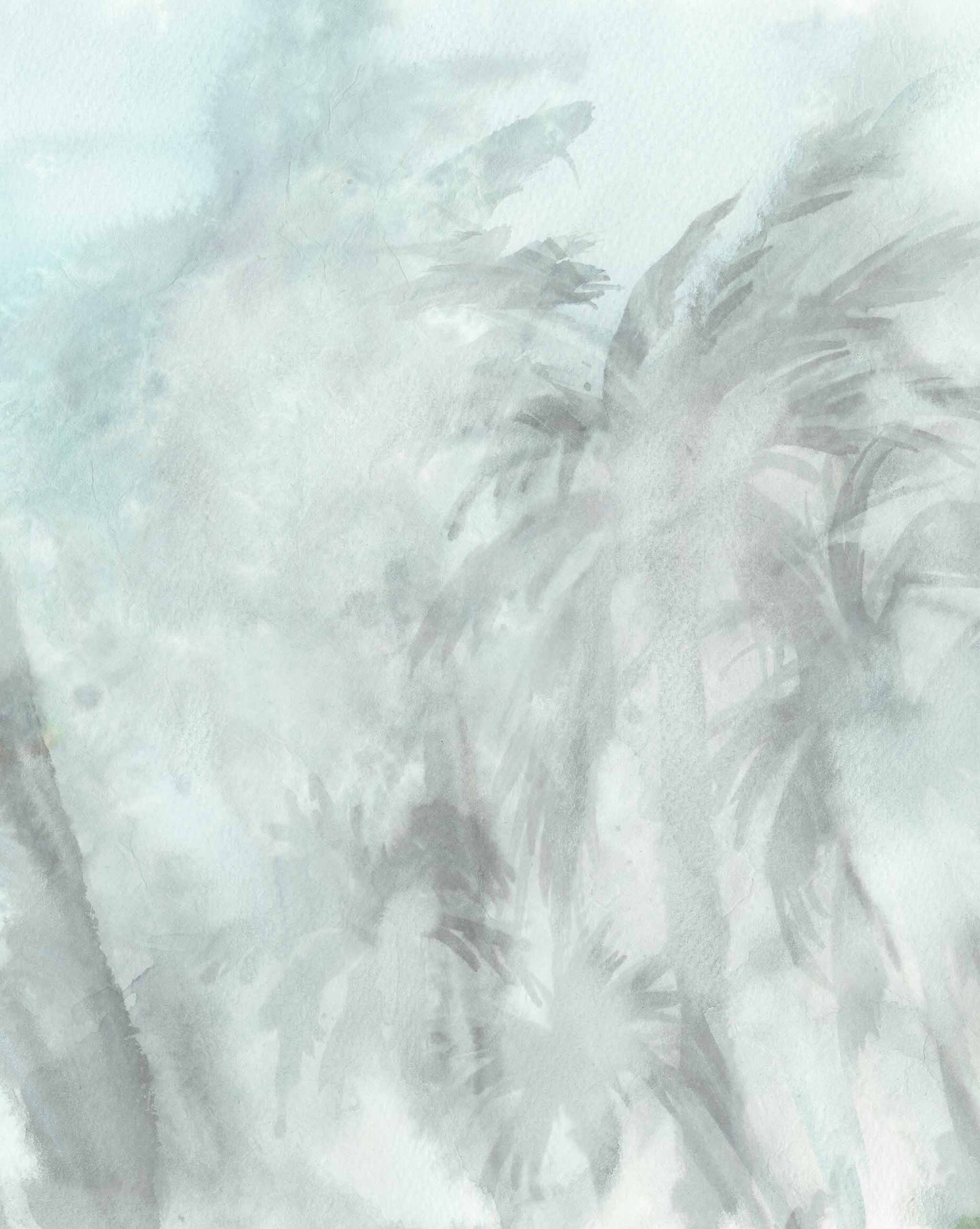 Abstract Reflettere Wallpaper Mural of blurred palm trees in muted gray and green tones.