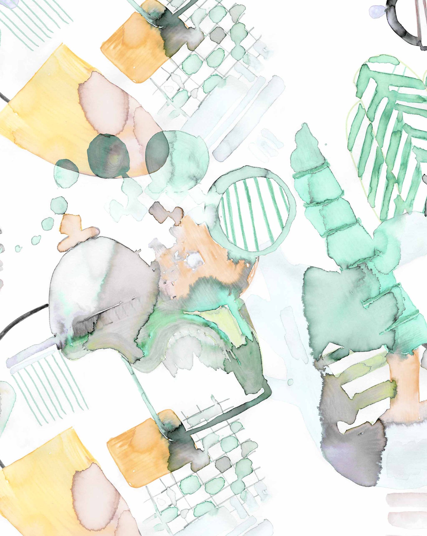 Abstract Sea Galaxy Wallpaper Mural||Reef artwork with a mix of green, yellow, and peach blotches and geometric lines on a white background.