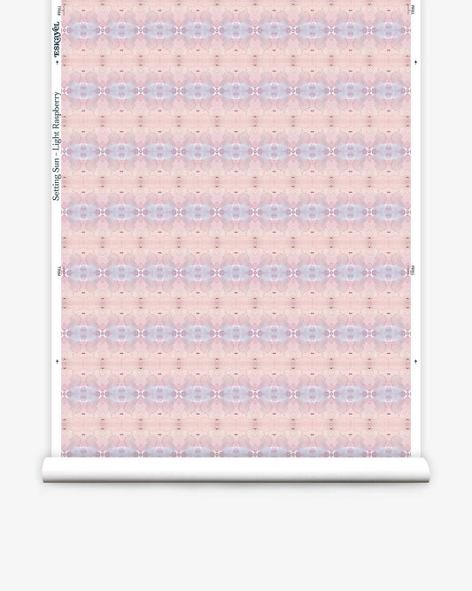 A pink and blue abstract pattern on wallpaper, inspired by the American West, the Setting Sun Wallpaper is reminiscent of a light raspberry hue on wallpaper