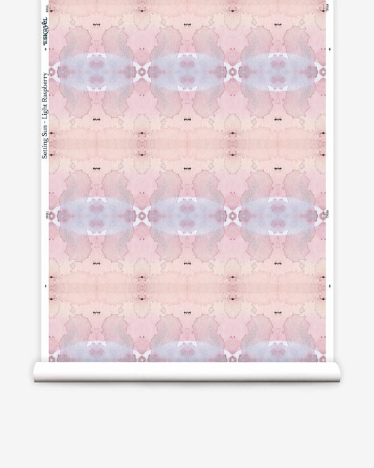 A pink and blue abstract pattern on wallpaper, inspired by the American West, the Setting Sun Wallpaper is reminiscent of a light raspberry hue on wallpaper