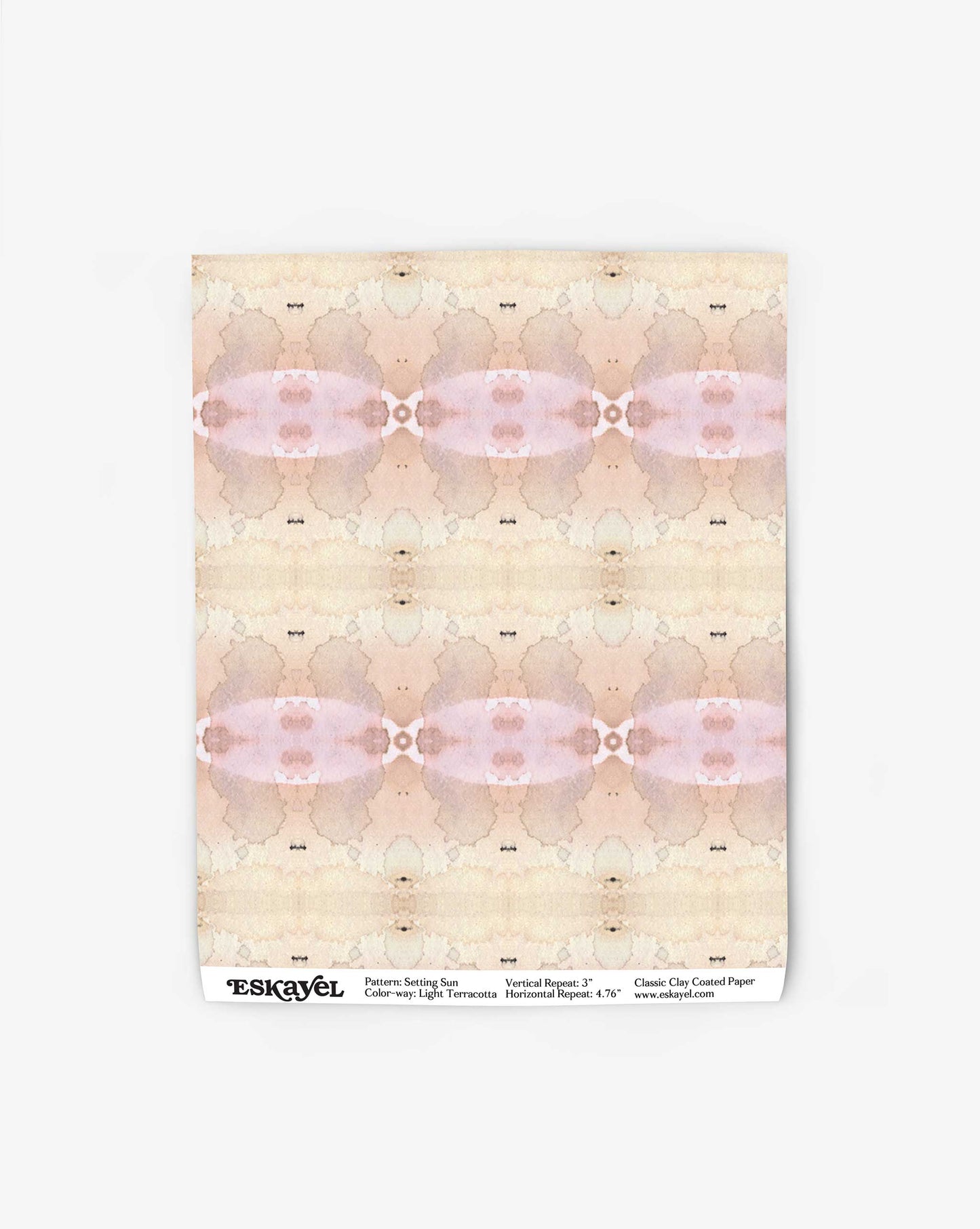 Abstract watercolor art on a vertical sheet with hues of beige, pink, and gray from the Frontier Collection. The bottom features the text: "Setting Sun Wallpaper||Light Terracotta Pattern: Samui Isle, Colorway: Light Terracotta, Material: Repeat 15×19.2", www.eskayel.com.