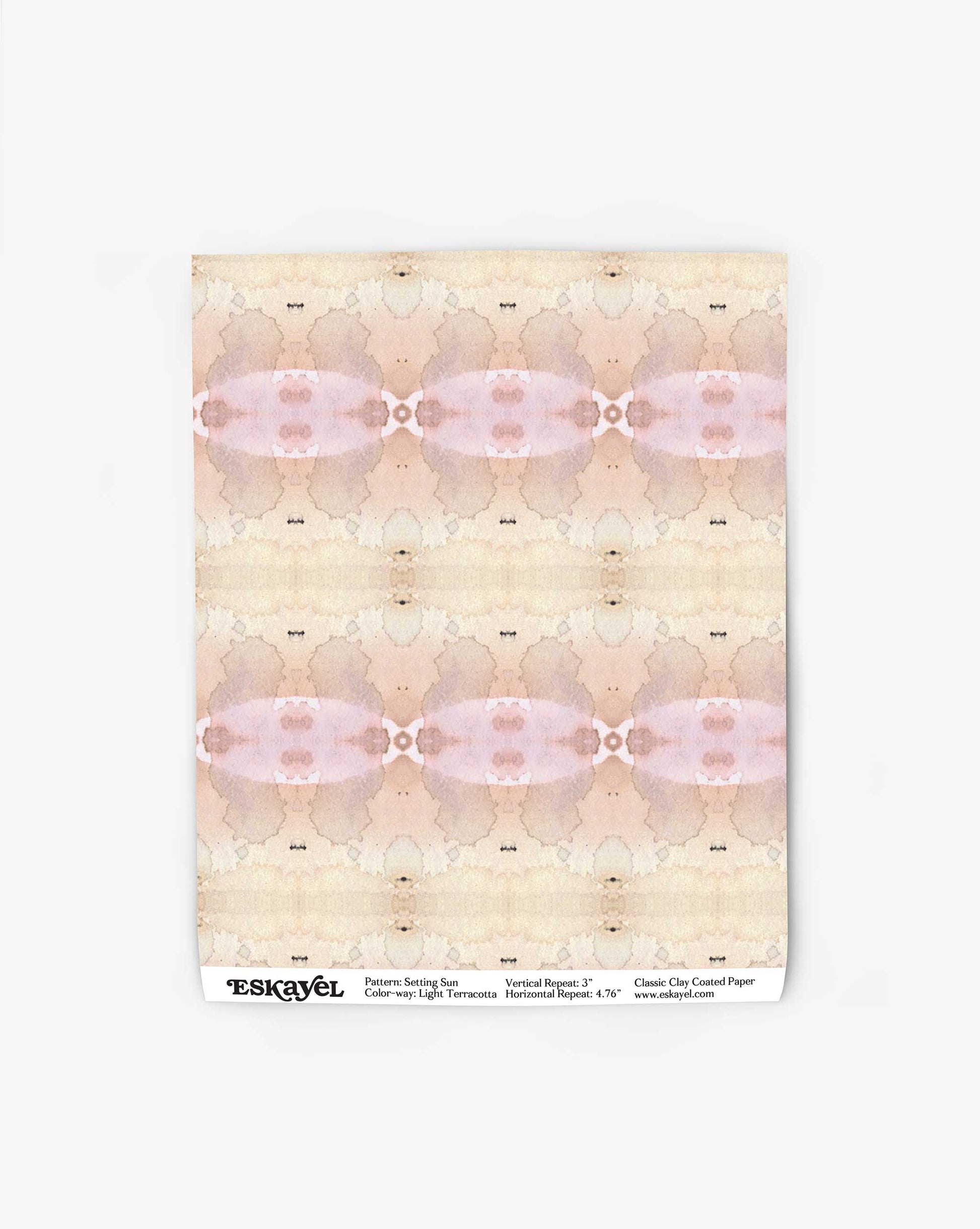 Abstract watercolor art on a vertical sheet with hues of beige, pink, and gray from the Frontier Collection. The bottom features the text: "Setting Sun Wallpaper||Light Terracotta Pattern: Samui Isle, Colorway: Light Terracotta, Material: Repeat 15×19.2", www.eskayel.com.
