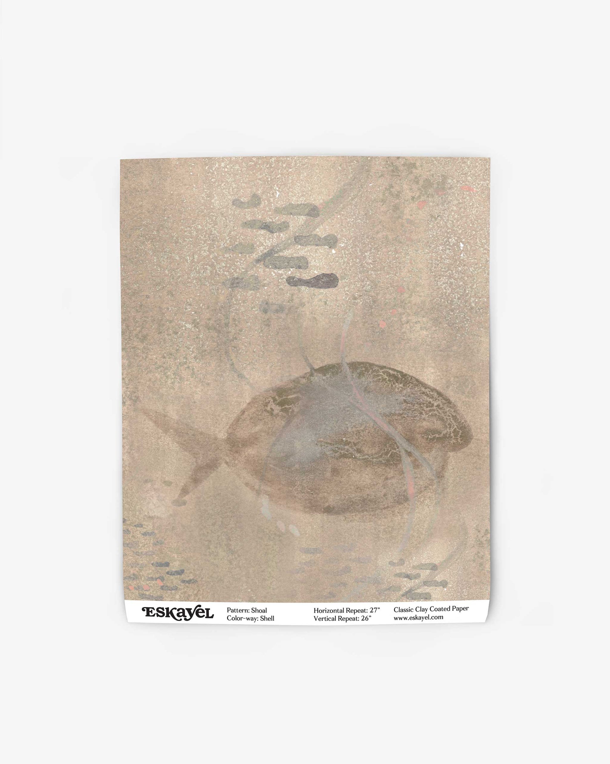 Discover the intricate beauty of our Shoal Wallpaper Sample in the Shell design, featuring a fish pattern with muted colors and subtle textures.