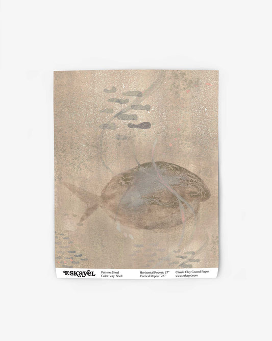 Discover the intricate beauty of our Shoal Wallpaper Sample in the Shell design, featuring a fish pattern with muted colors and subtle textures.