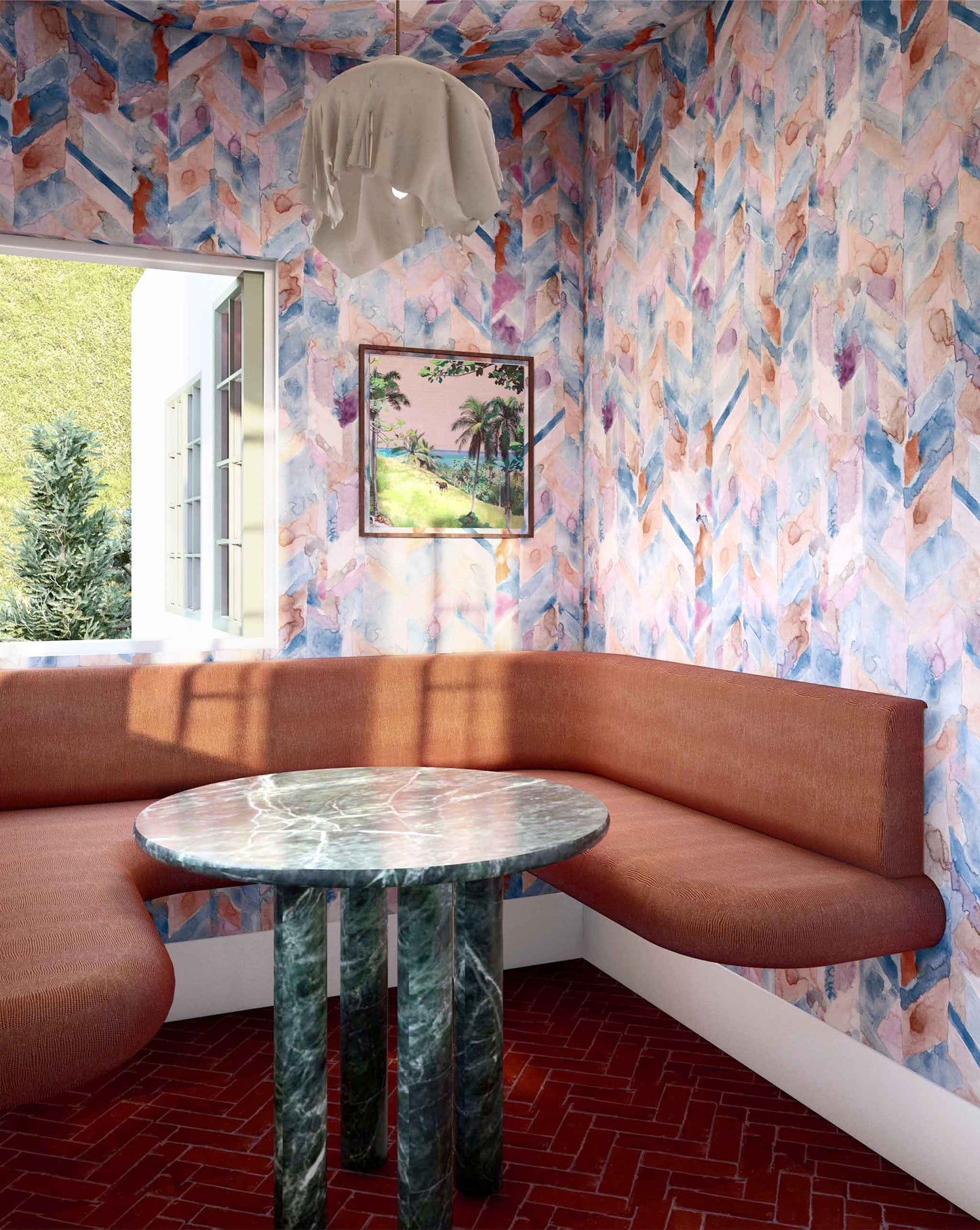 A room with colorful Sorisa Wallpaper Reef collection wallpaper and a bench