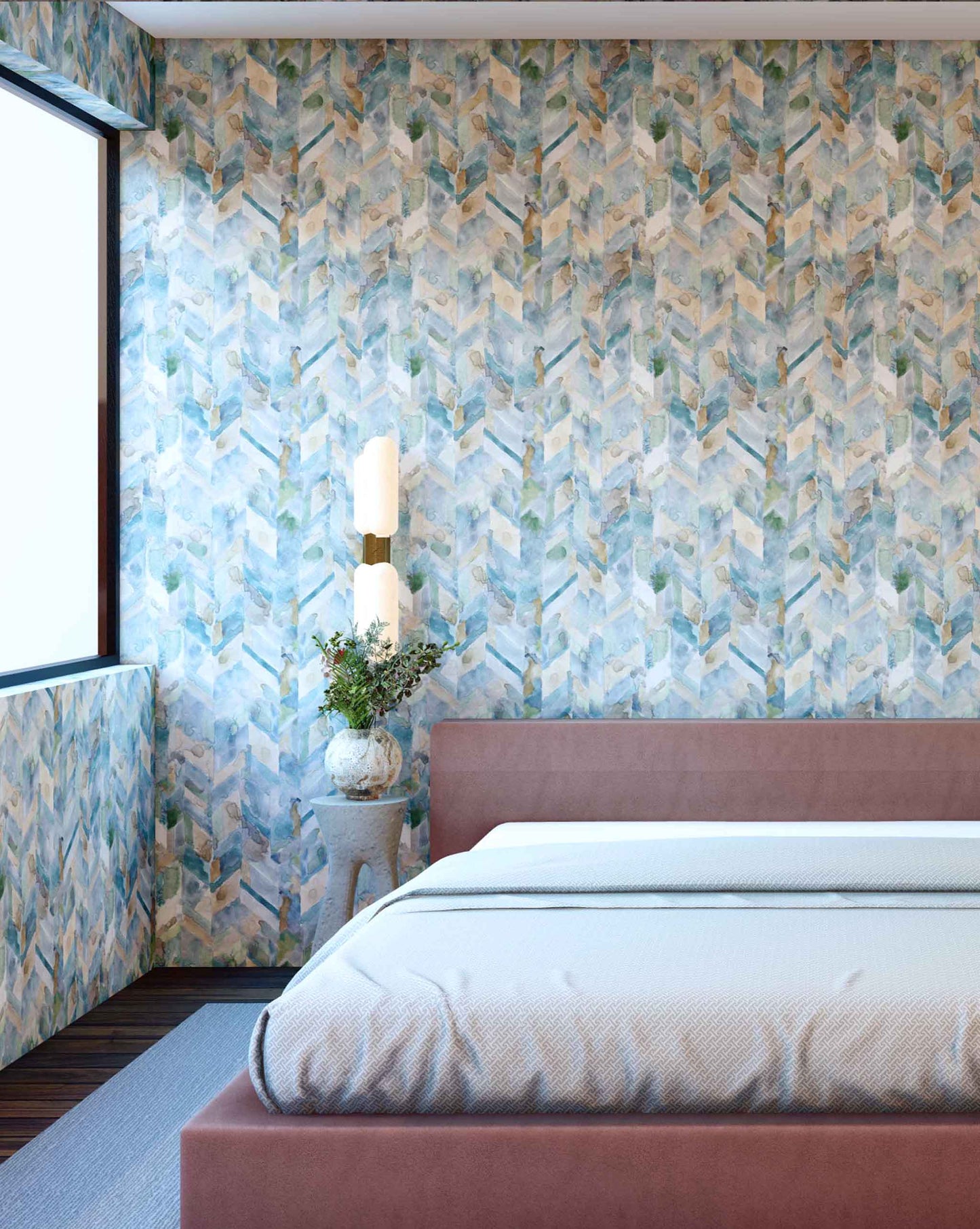 A bedroom with a pink bed and Sorisa Wallpaper Sage chevron wallpaper
