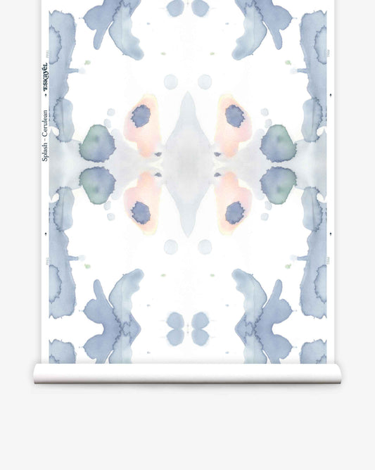 Abstract watercolor painting with symmetrical floral patterns in shades of blue and peach, displayed in a luxurious white frame.