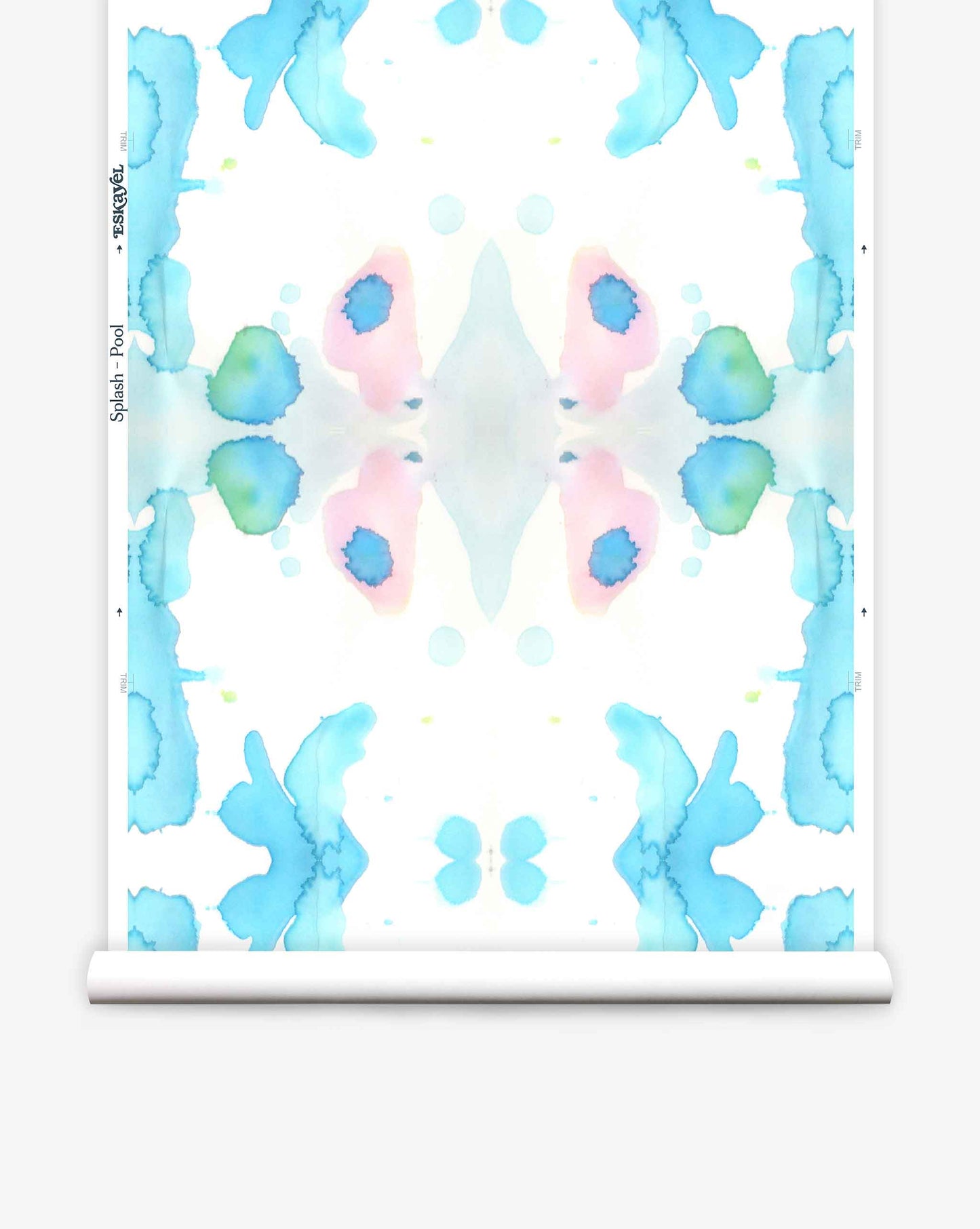 Abstract watercolor pattern with symmetrical blue and pink blotches displayed on Splash Wallpaper||Pool on an easel.