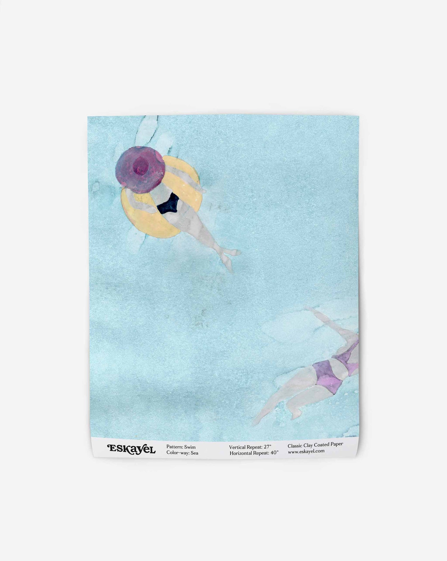 A swatch image of the Swim wallpaper in the colorway Sea in light blue with waterborne figures.
