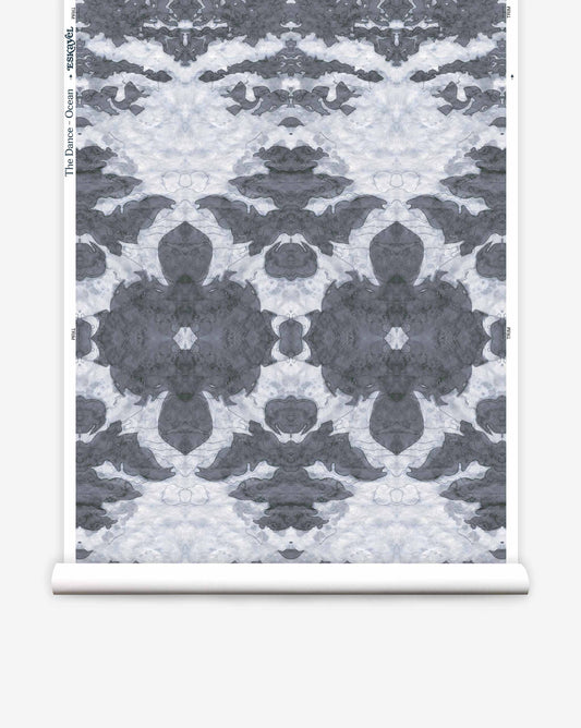 Symmetrical abstract pattern in shades of gray and white resembling cloud formations from the The Dance Wallpaper||Ocean Collection, displayed on a scroll-like canvas.