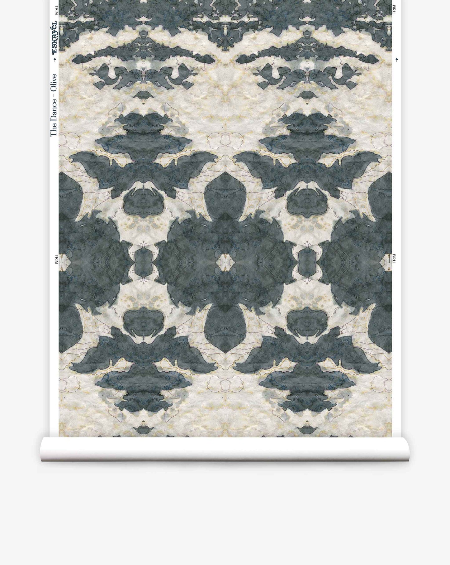 Dance Wallpaper||Olive featuring an abstract pattern of large, dark gray floral motifs against a marbled cream background.