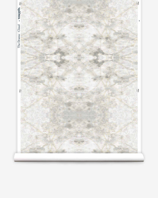 A roll of The Drama Wallpaper||Cloud with a symmetrical, abstract gray and white pattern, displayed unrolled against a plain background.