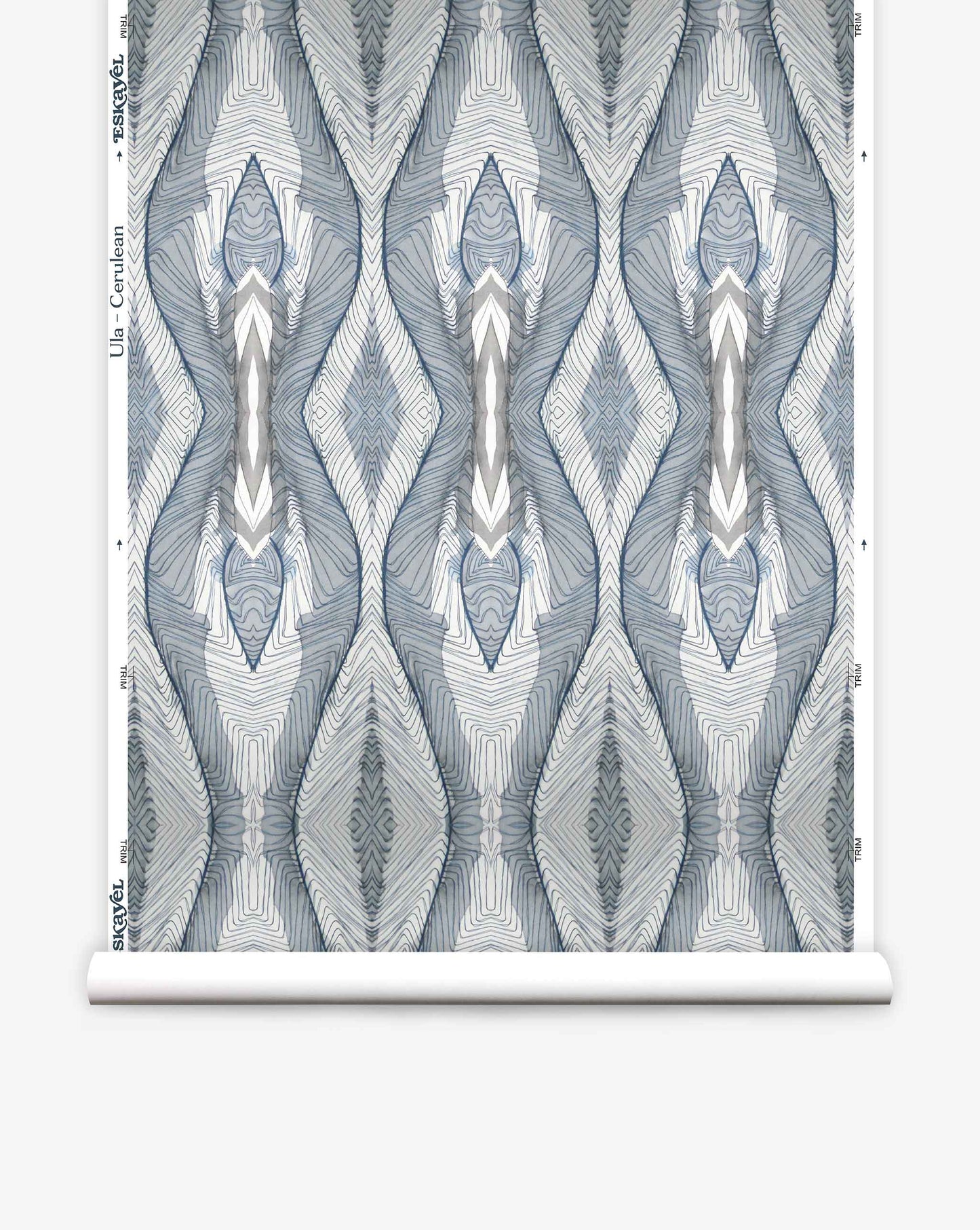 Intricate Ula Wallpaper||Cerulean symmetrical pattern displayed on a rolled-out luxurious wallpaper against a white background.
