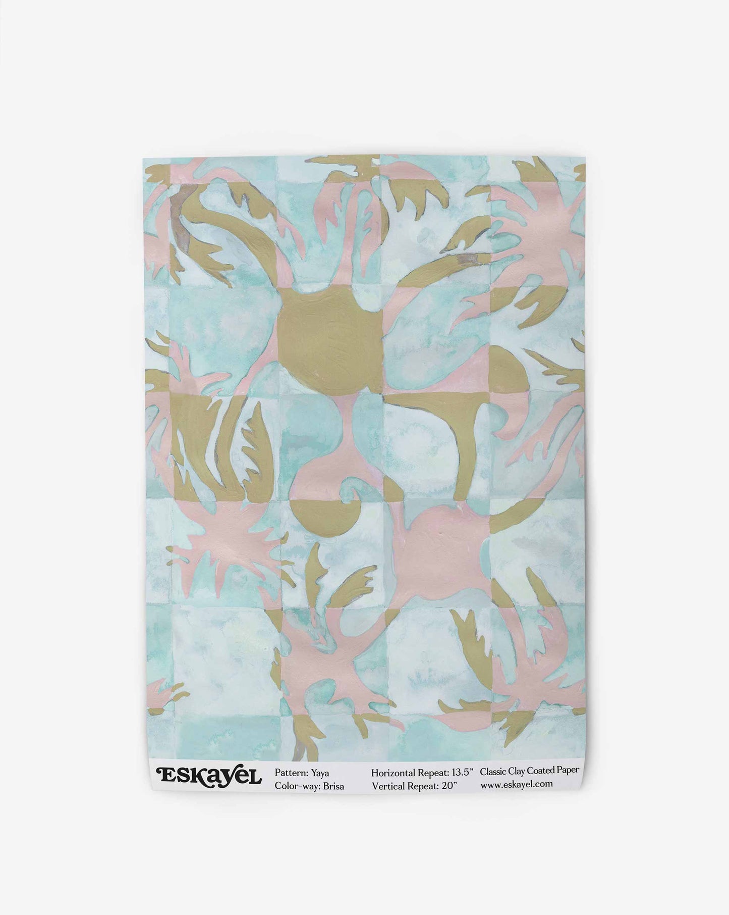 Yaya wallpaper in Brisa as a swatch — beach-themed graphic botanical wallpaper in turquoise, taupe, and light pink | Eskayel