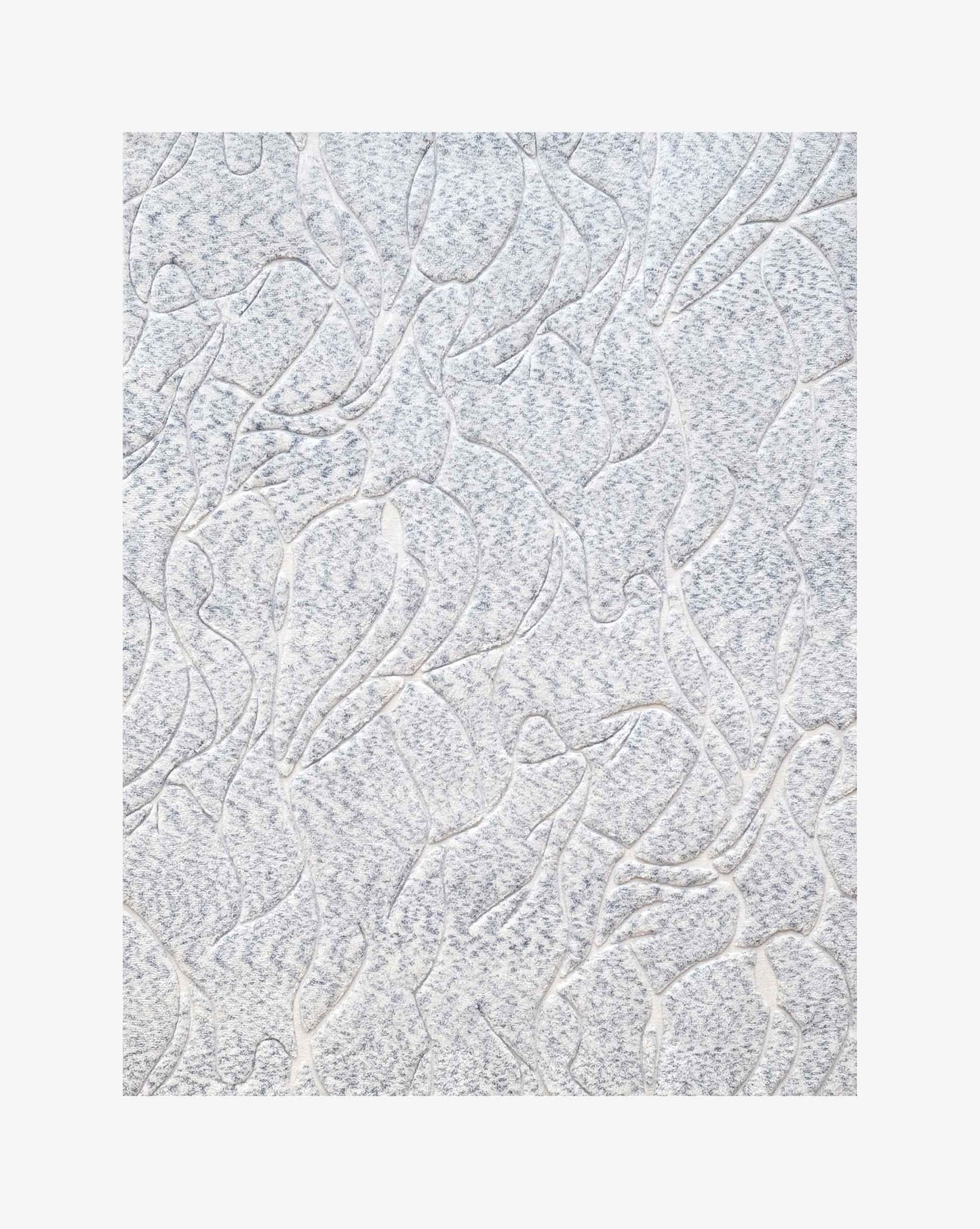 In Eskayel’s Hibiscus Lily rug in the Sky colorway, white flatweave sits alongside striated shaggy pile in blue and white.