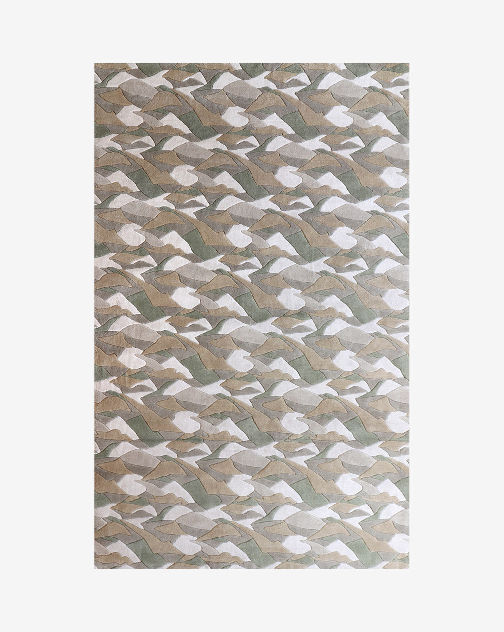 A Mani Hand Knotted Rug 5' x8' Earth made of sumptuous merino wool, with hand-cut bevels and a wavy pattern in beige and white