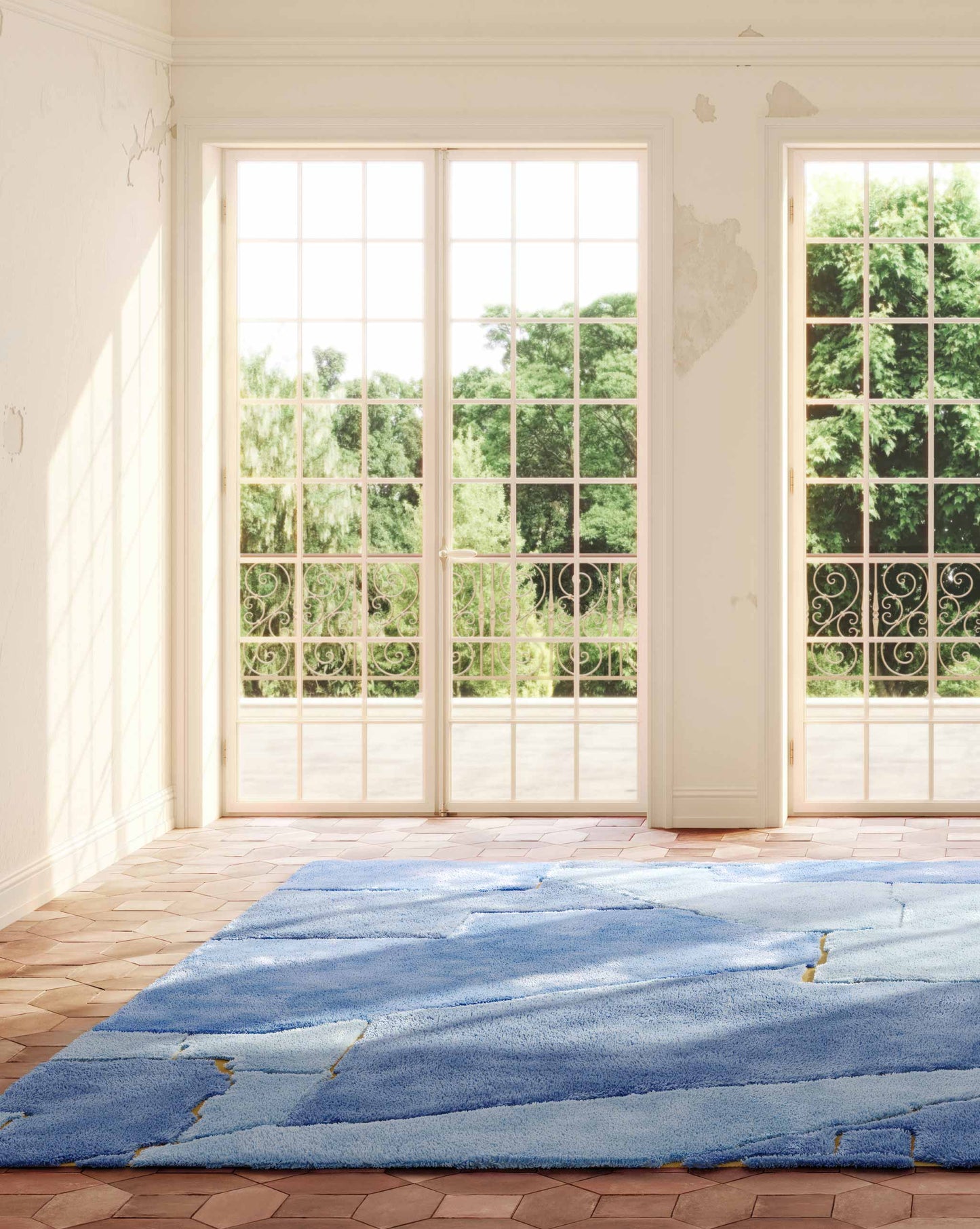 Loosely based on the playful lines of a jigsaw puzzle, Eskayel’s Pieces rug in Sky and Sun features yellow, orange, and blue.