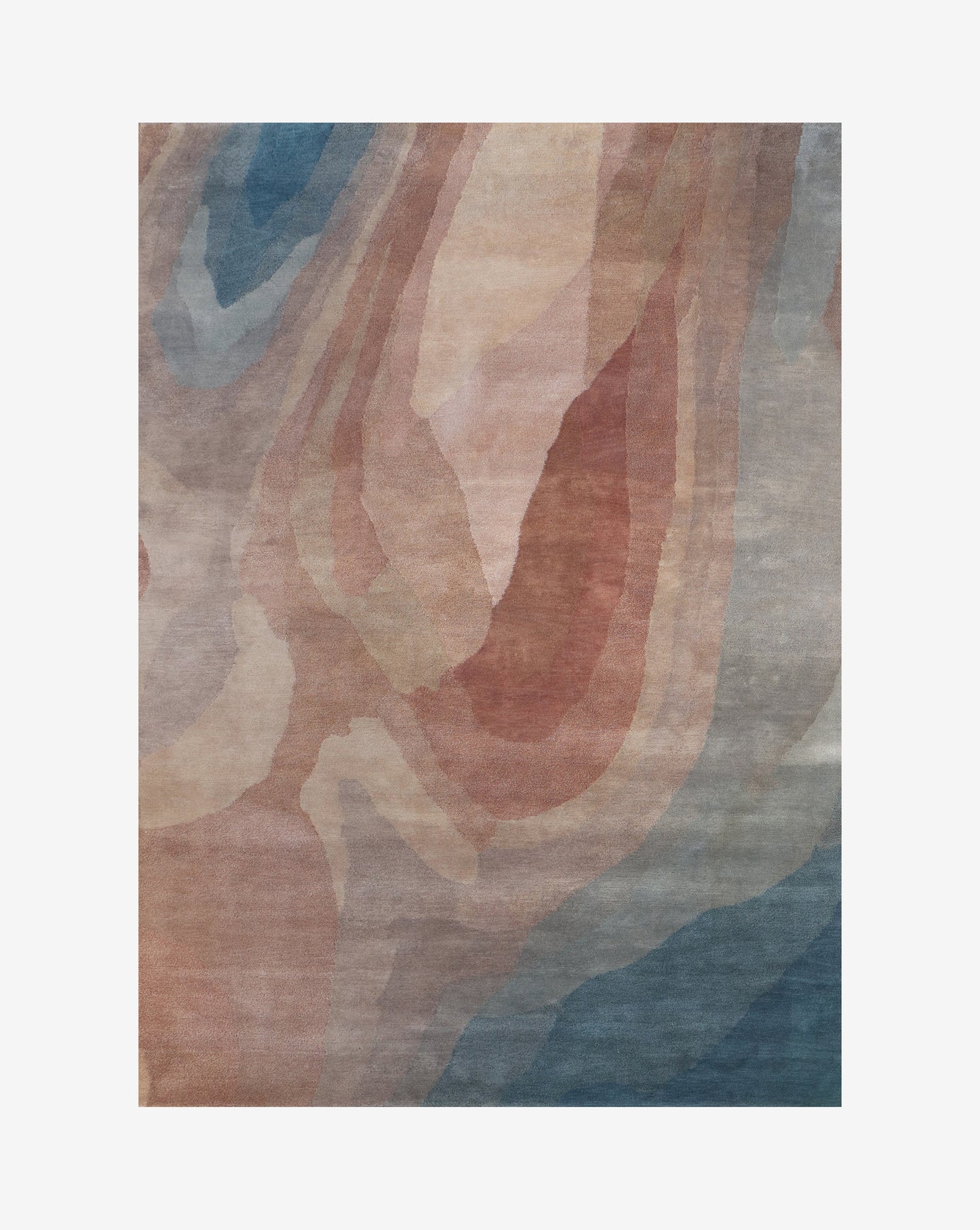 A Progressions Hand Knotted Rug 5' x 8' Isthmus made of merino wool with an elegant abstract design in blue, pink, and brown.