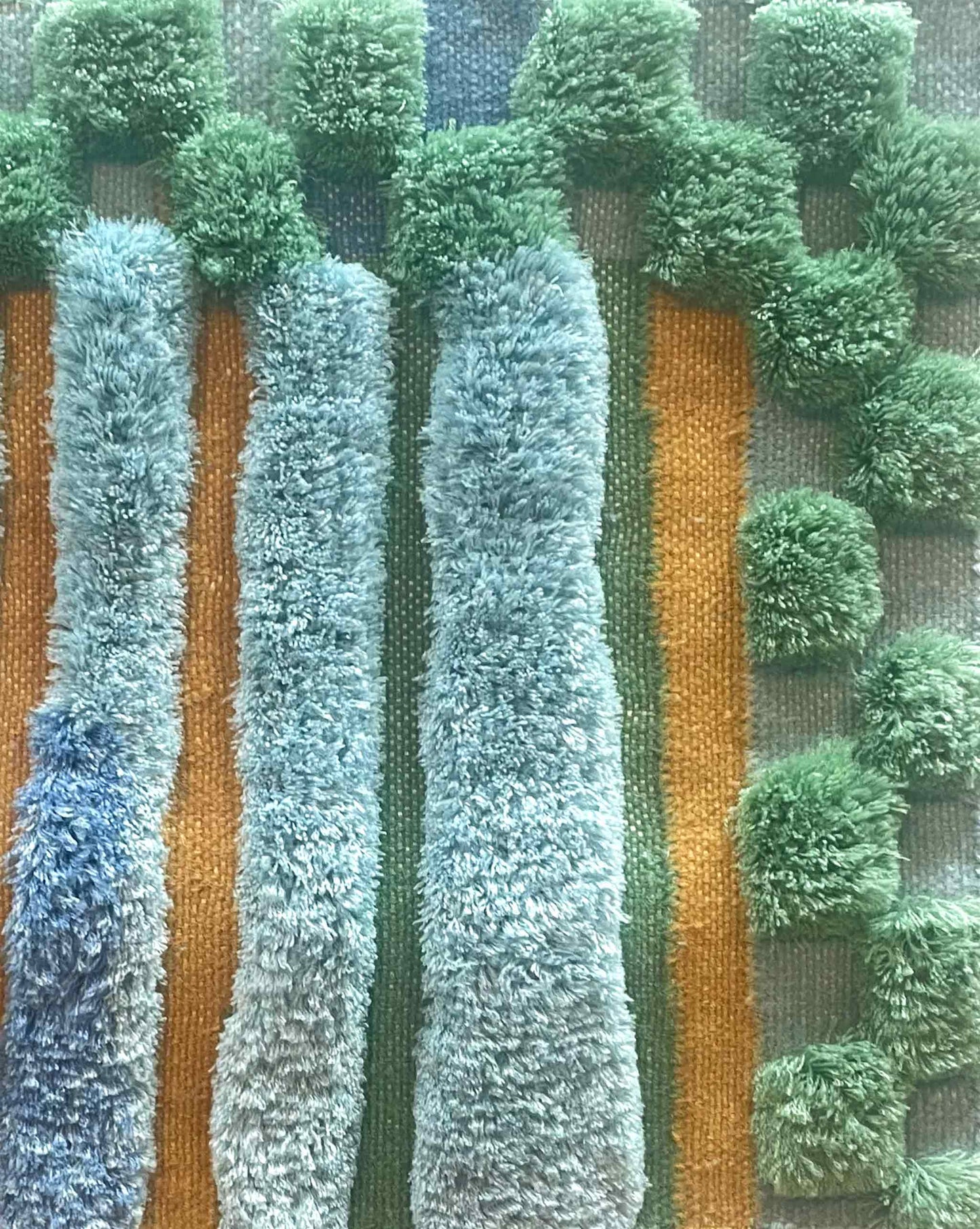 Pyrus Stripe Rug in Low Tide closeup – hand-knotted studio-designed rug in green and blue | Eskayel