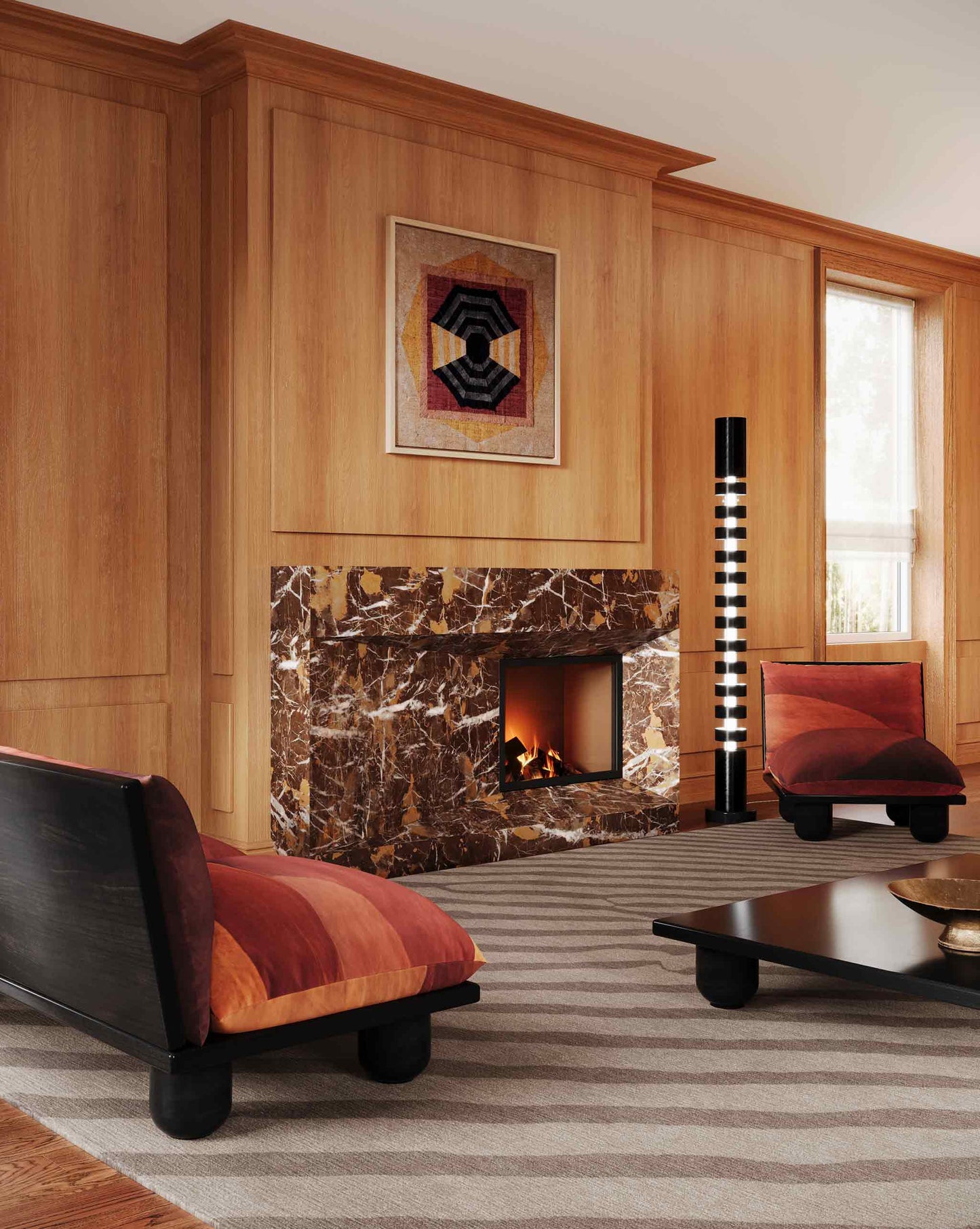 Eskayel’s Sand Lines rug in Earth offers a duotone brown colorway installed in a living room with a fireplace, chairs, standing lamp, and a warm coffee table.