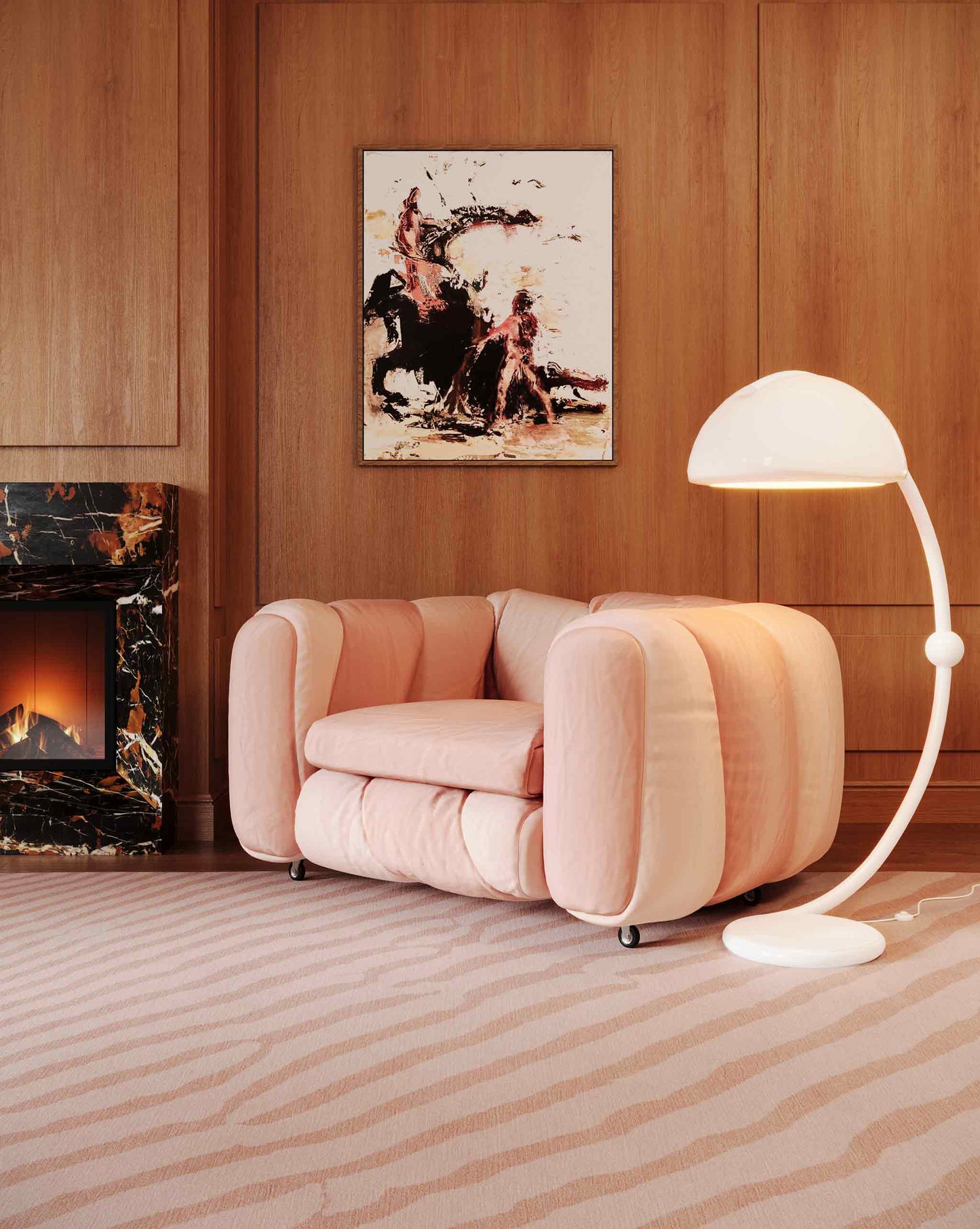 Eskayel’s Sand Lines rug in Sienna offers a two tone orange colorway installed in a living room with a fireplace, a chair, framed photo on the wall, and a standing lamp.