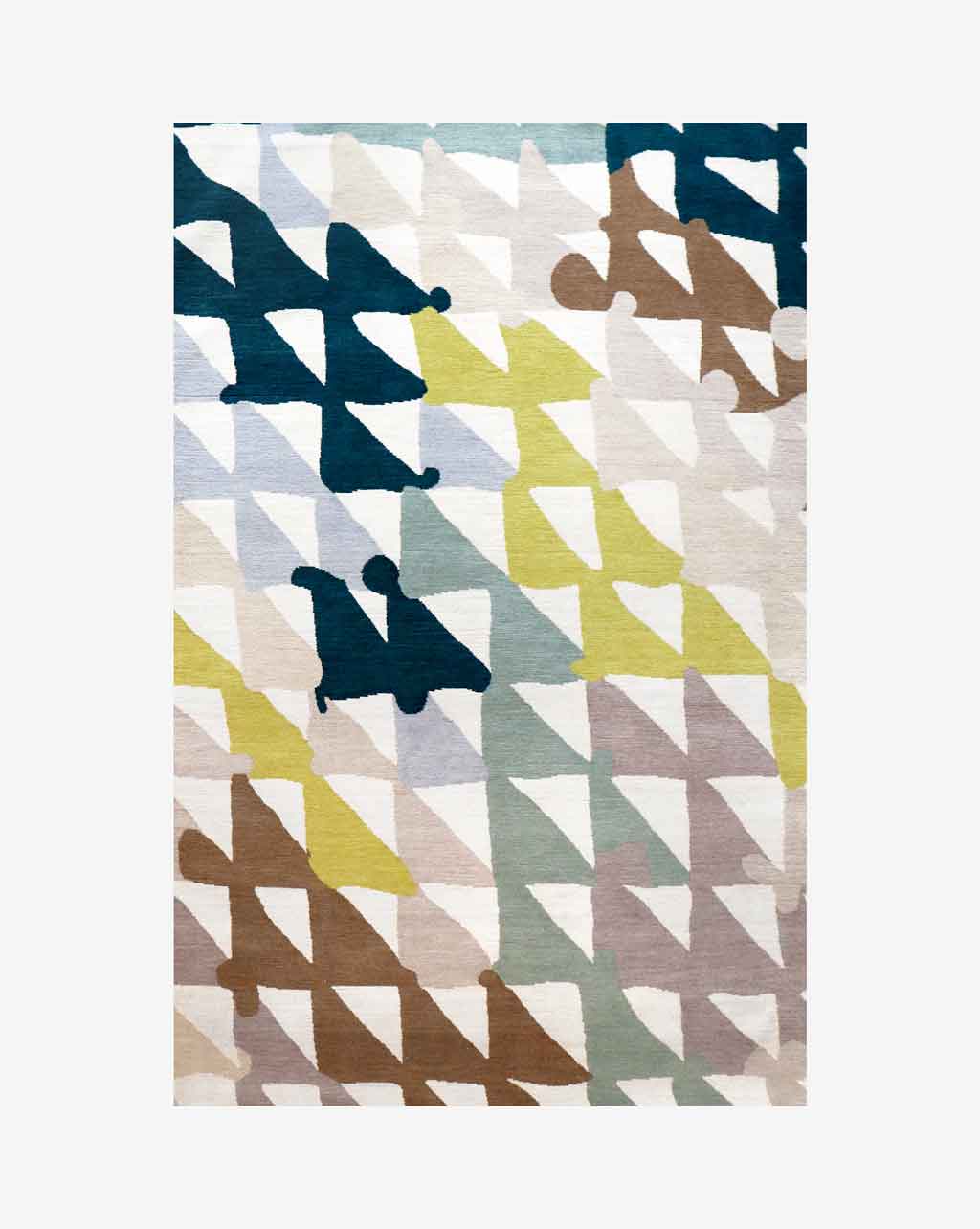 A Triangle Checks Hand Knotted Rug 5' x 8'  Multi with triangles on a white background