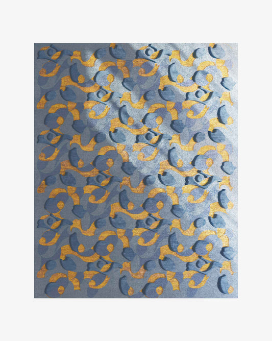 Eskayel’s Orbs rug in the Sky and Sun colorway combines fields of blue next to a vibrant mix of yellow and orange fibers.