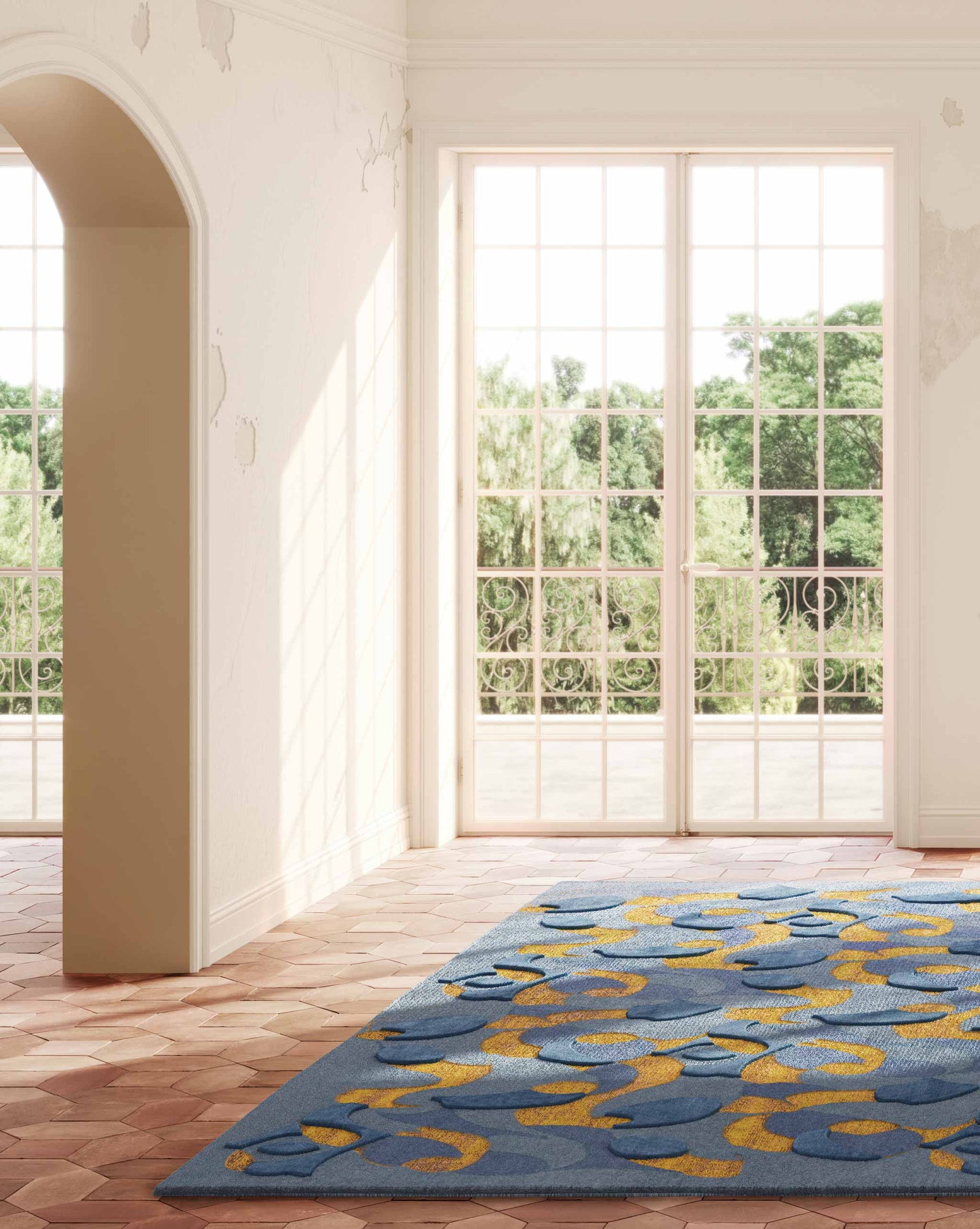 Based on an abstract watercolor, Eskayel’s Orbs rug in Sky and Sun brings a sense of dynamism through blue, yellow, and orange hues.