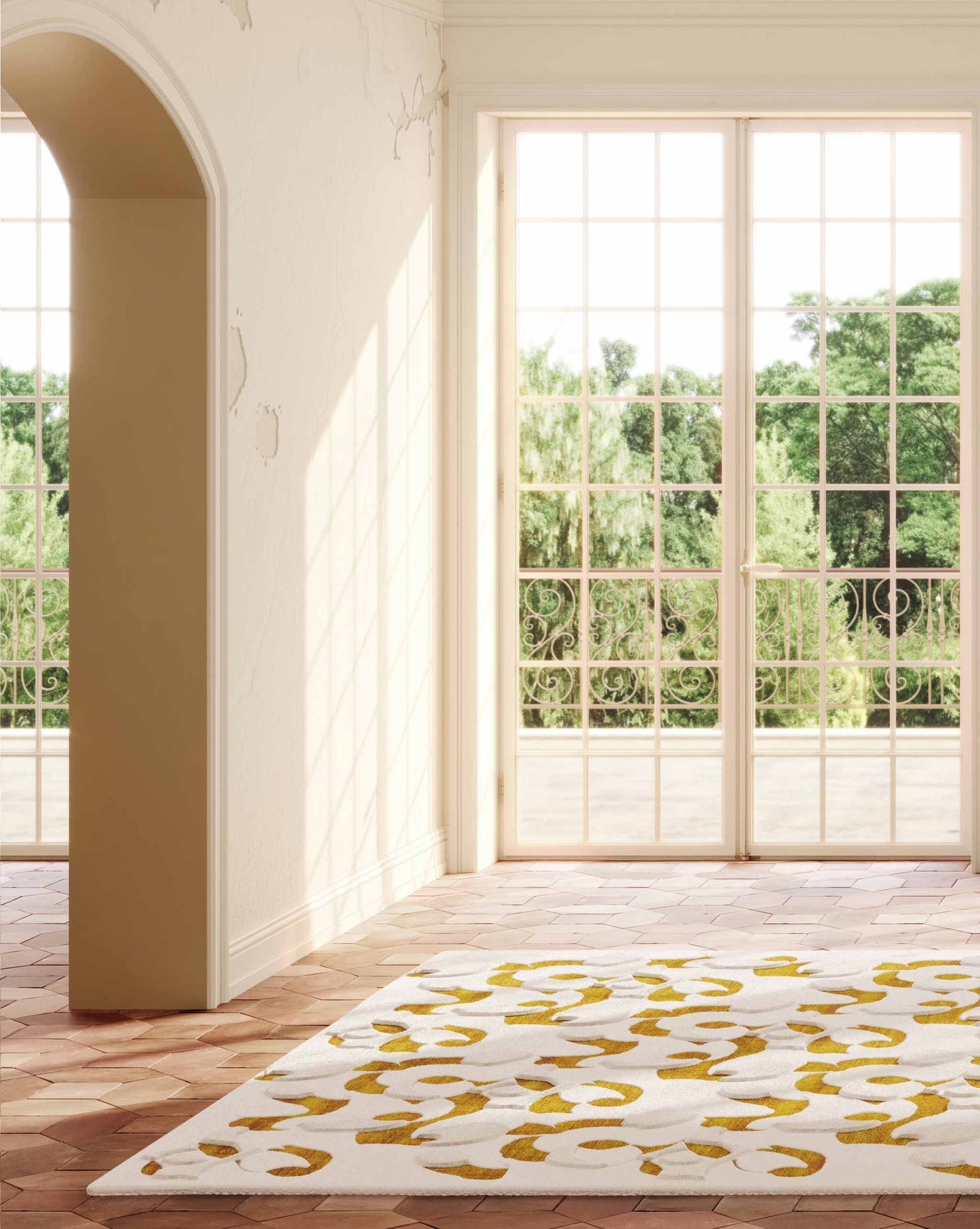 Based on an original piece of abstract art, Eskayel’s Orbs rug in Sun introduces optimistic energy through a white, yellow, and orange palette.