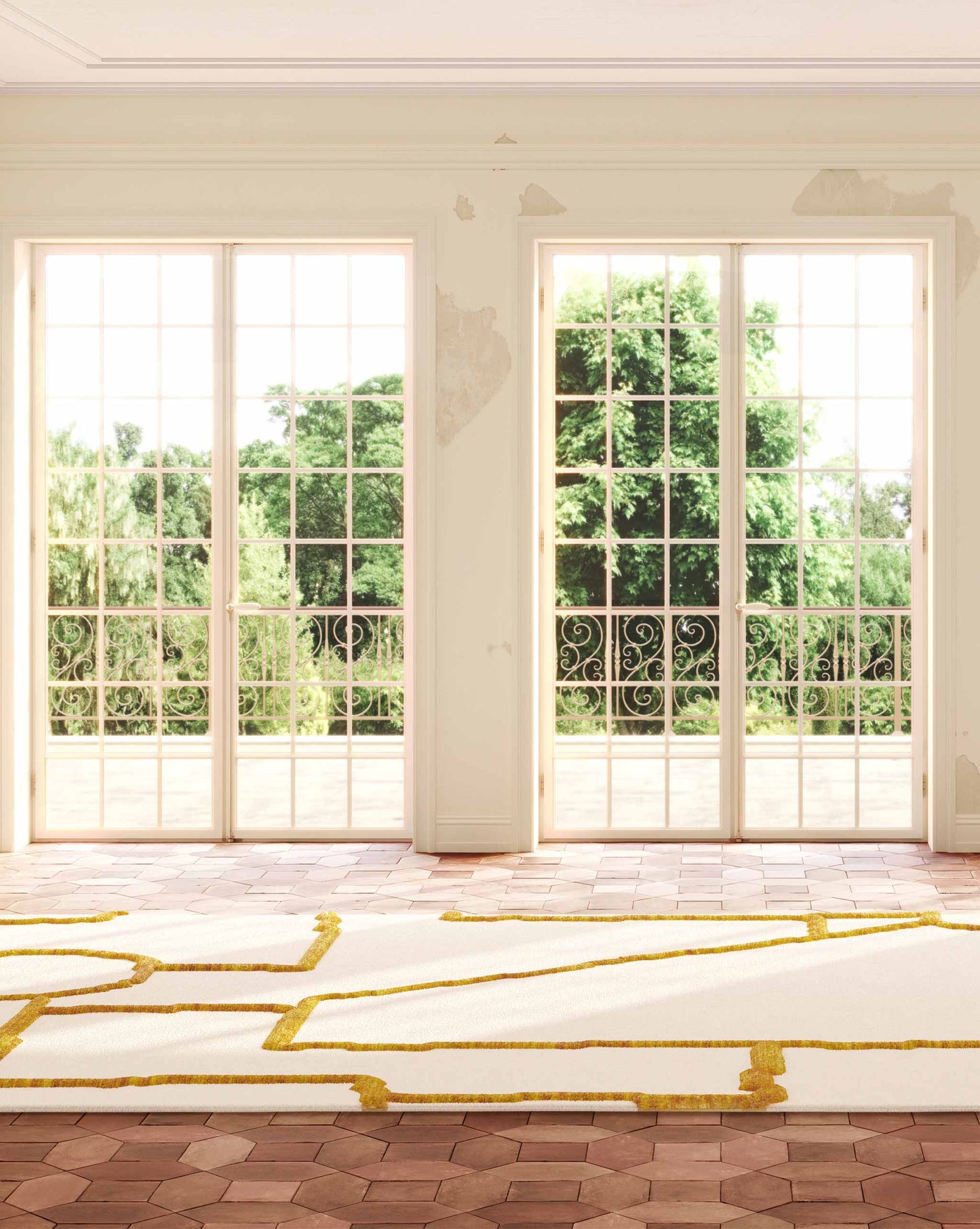 Exploring the playful lines of a jigsaw puzzle, Eskayel’s Pieces rug in Sun brings in white, yellow, and orange shades.