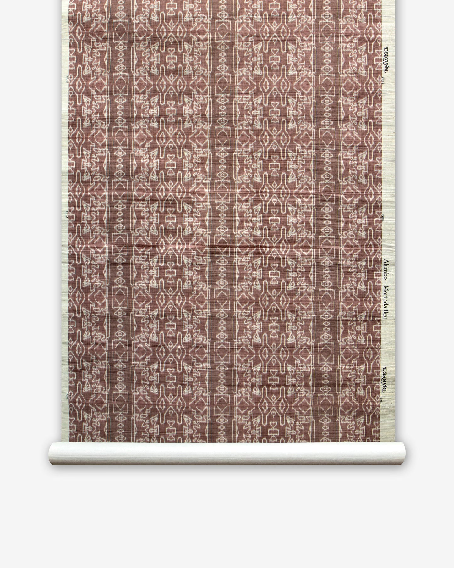 A roll of Akimbo Grasscloth Morinda Ikat wallpaper featuring an Akimbo design in brown and white